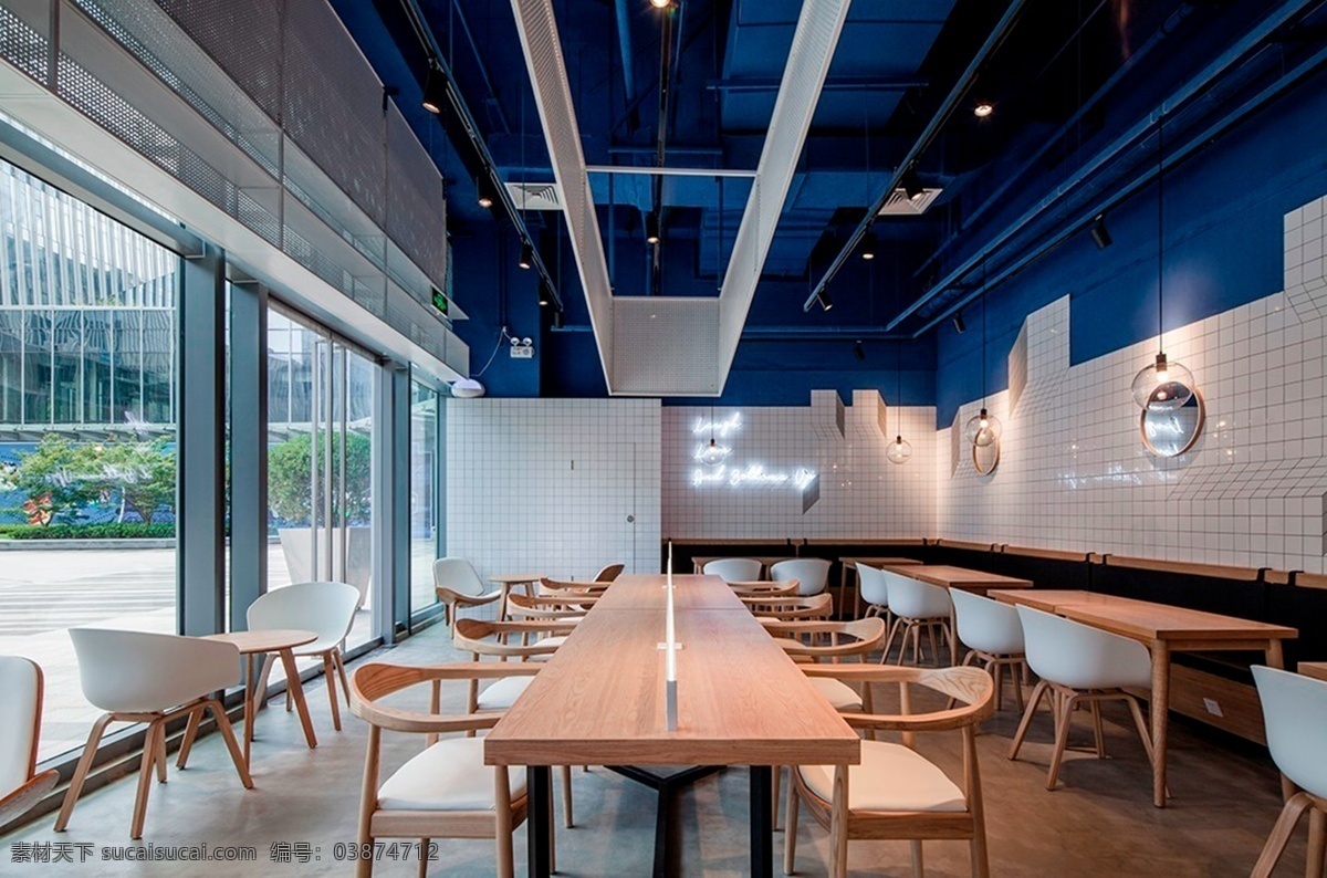 简约 咖啡厅 方形 不规则 吊顶 装修 效果图 白色灯光 长方形 木质 餐桌 窗户 木地板 桌椅