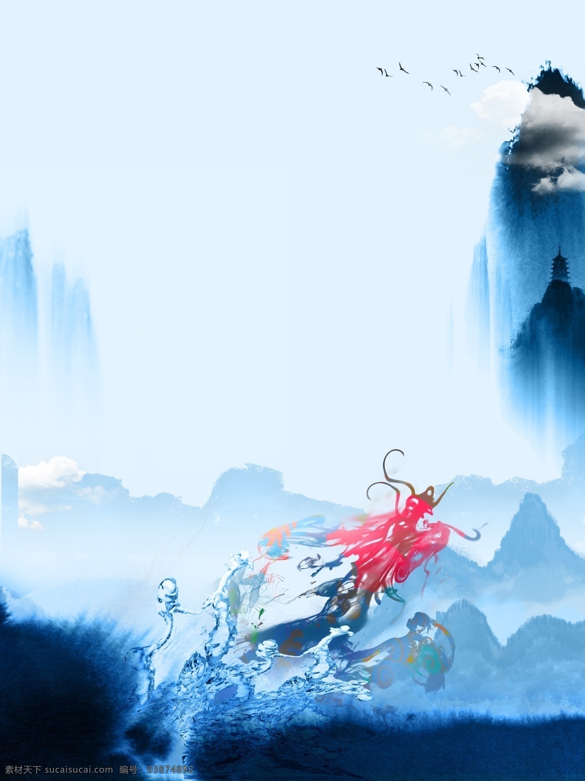 中国 风龙 抬头 节日 宣传 背景 中国风背景 龙抬头背景 节日宣传背景 蓝色背景 龙 山水风景