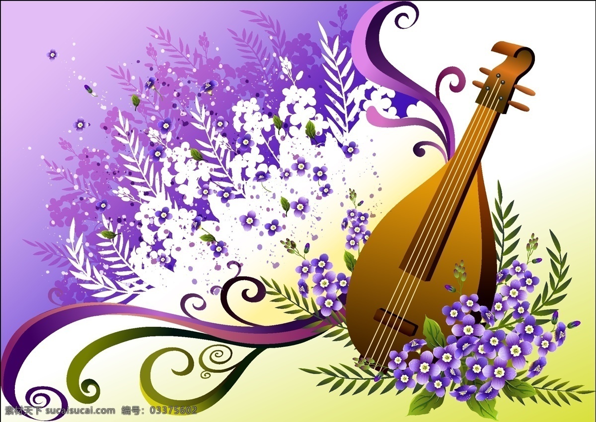 枇杷 琴 小 野花 矢量图 枇杷琴 乐器 紫色花 小花 小野花 弦乐器 白色