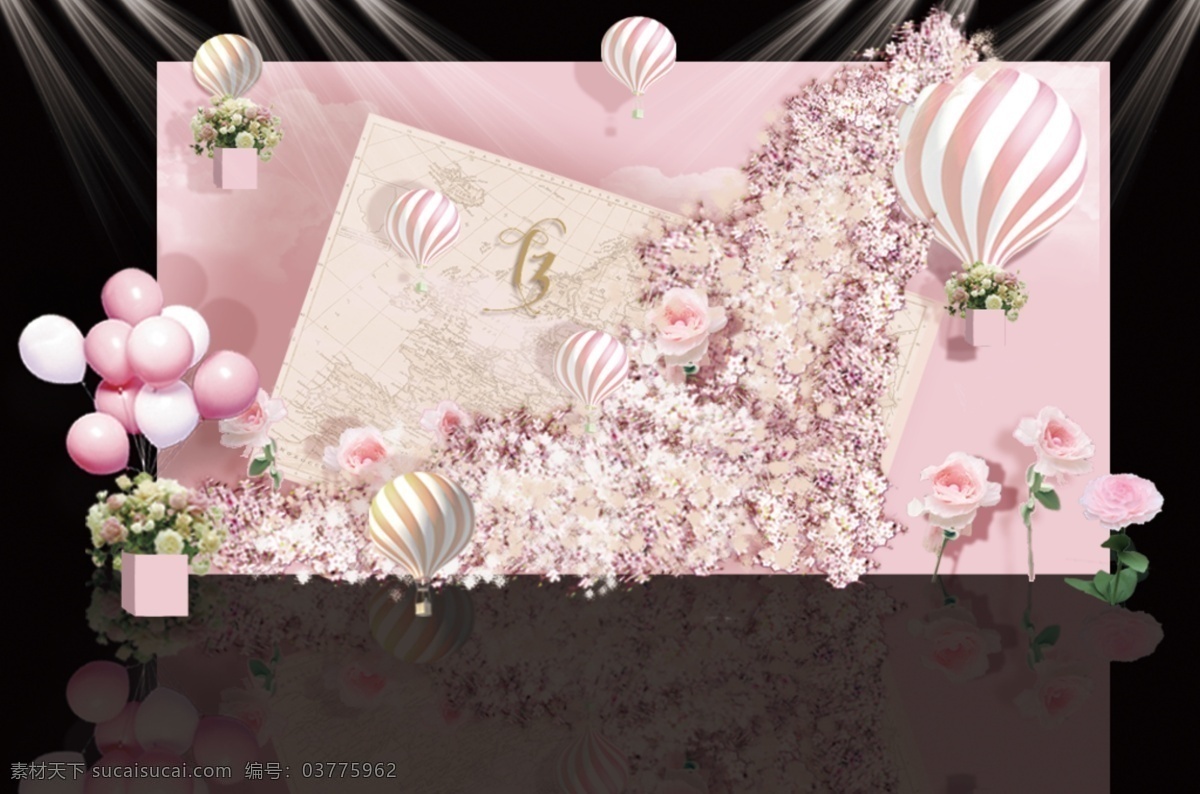 粉色 旅行 主题 婚礼 迎宾 区 合影 效果图 热气球 地图 手工花 psd文件 气球造型 特殊花艺造型 樱花 造型 背景 层次