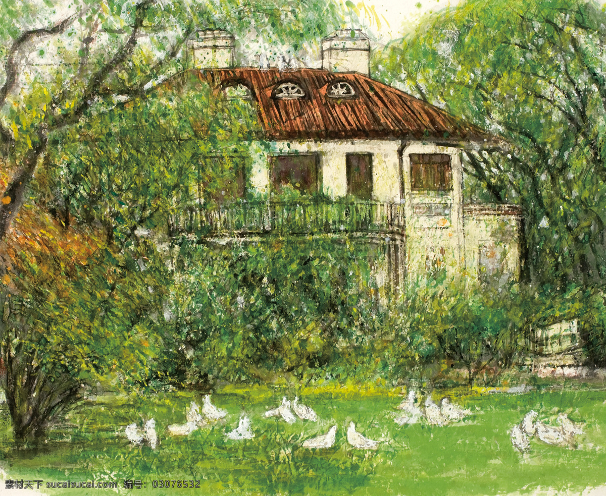 油画 林中 房屋 名画 艺术 绘画 文化艺术 艺术品 世界名画 书画文字