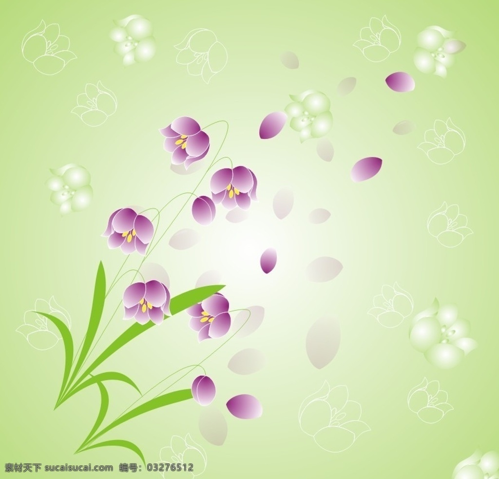 梦幻铃兰 梦幻花 铃兰 紫色 绿叶 绿色 渐变 底纹 背景花纹 花草 矢量 兰花 飘飞花瓣 美术绘画 文化艺术