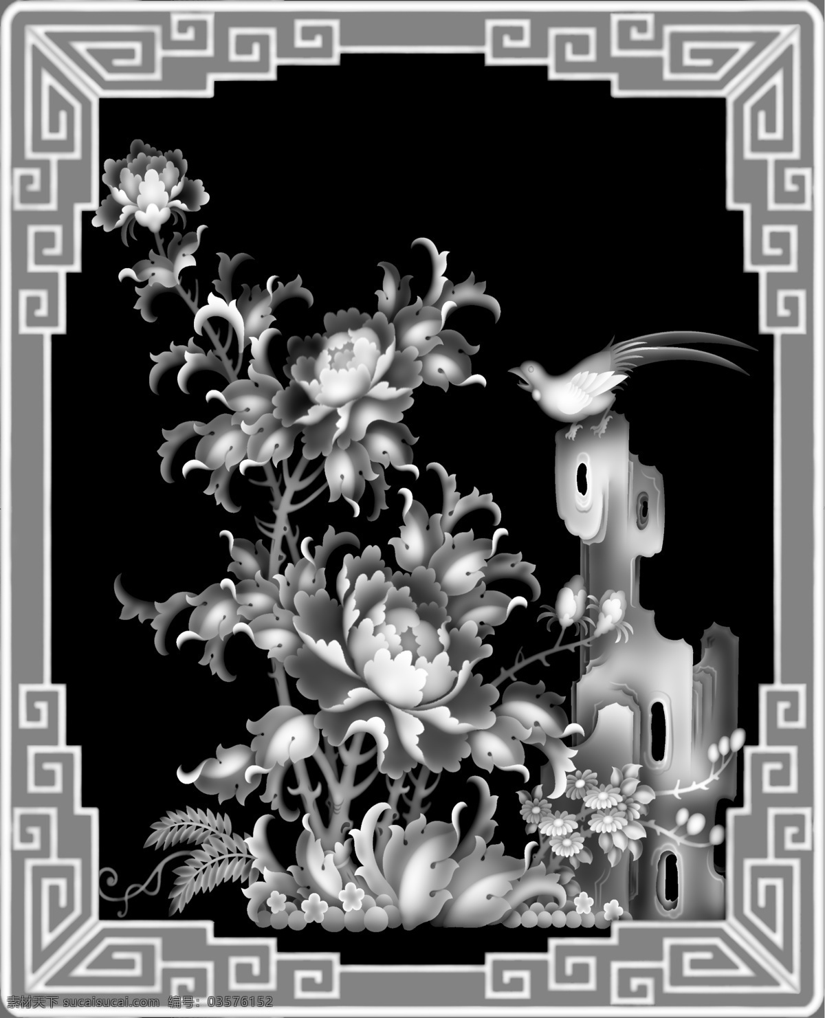 牡丹鸟门板 花鸟灰度图 精雕 灰度图 精雕细琢 镂空 浮雕 花边 花朵 牡丹 鸟 文化艺术 迎客松 自然景观 bmp