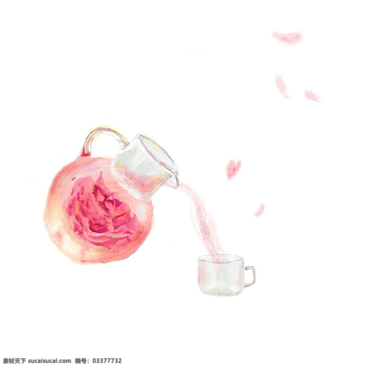 手绘 唯美 玫瑰 花茶 玫瑰花茶 女性 玻璃杯 倒茶 芳香 花瓣 粉红色 玫瑰红 茶水 养生茶