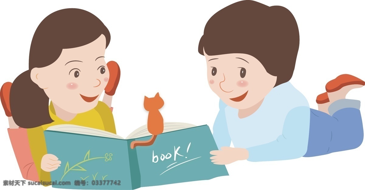 卡通 手绘 读书 孩子 卡通人物 手绘学生 读书的女孩 矢量人物 男孩 猫咪 书本 书籍 世界读书日 阅读日 开心阅读