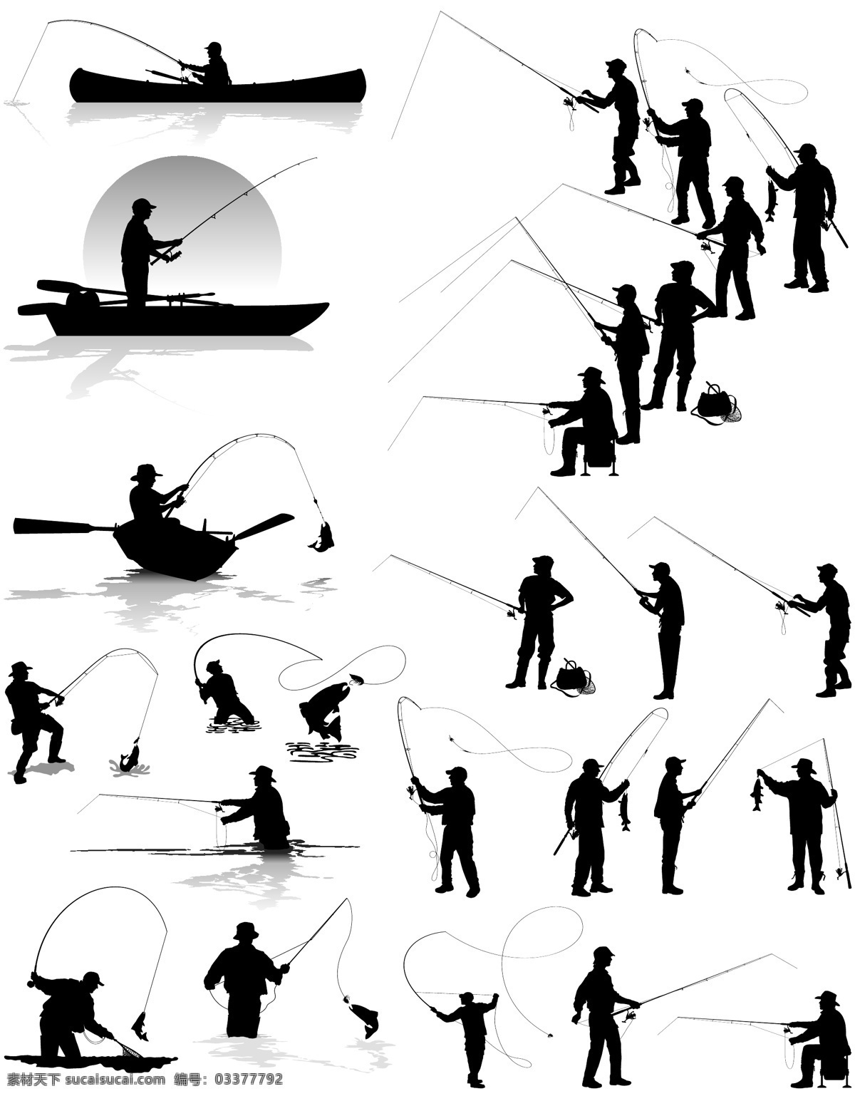钓鱼剪影 钓鱼素材 矢量素材 设计素材 鱼杆 鱼 卡通设计素材 卡通设计