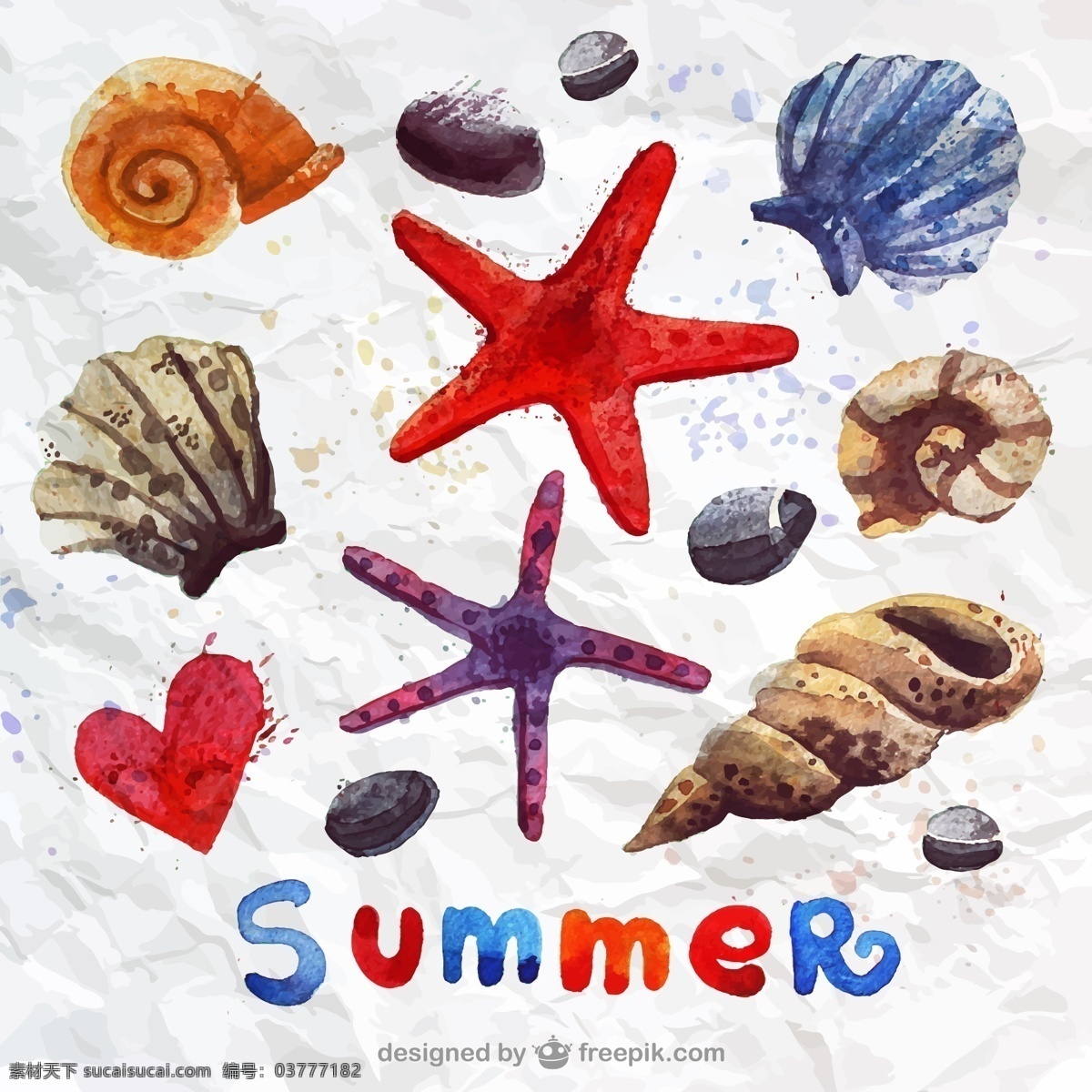水彩 海星 贝壳 矢量图 爱心 海螺 鹅卵石 夏季 沙滩 褶皱 纸张 summer