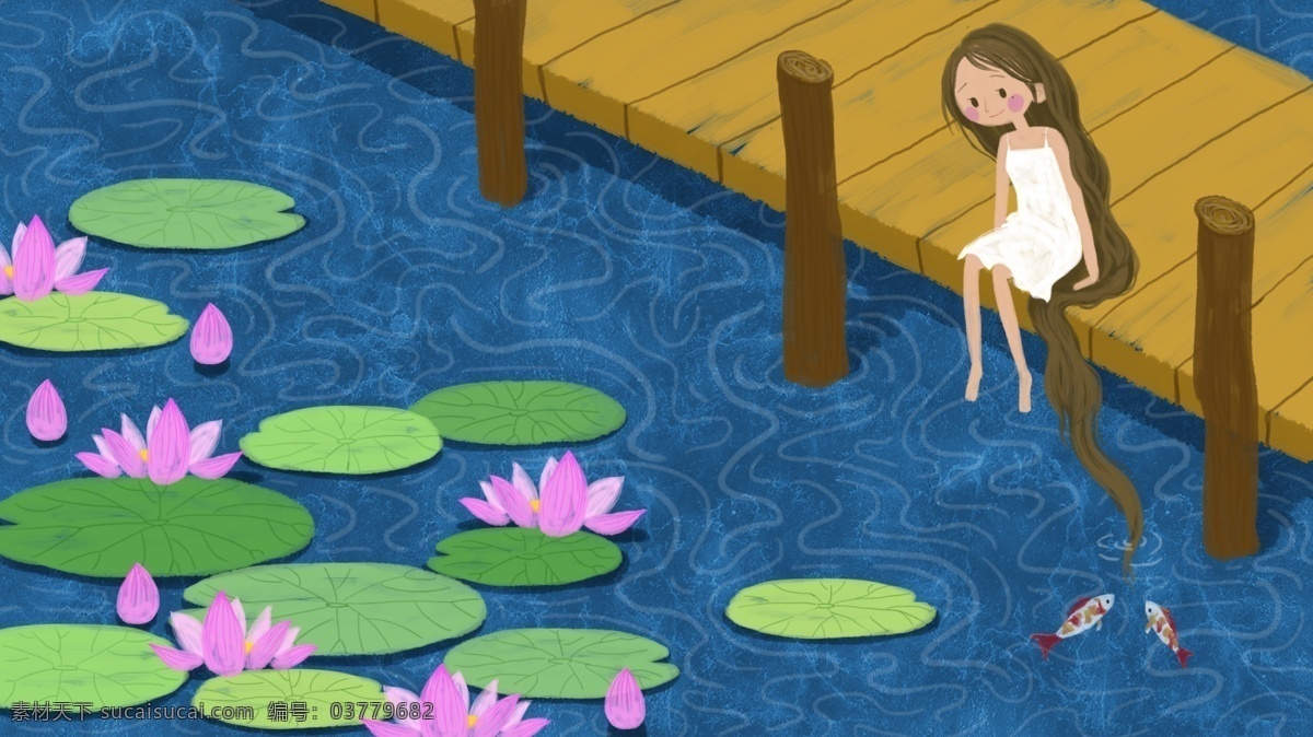 原创 手绘 夏日 荷花 女孩 插画 手机壁纸 配图 文章配图 微博配图 朋友圈配图 荷塘 鱼 荷叶 小桥