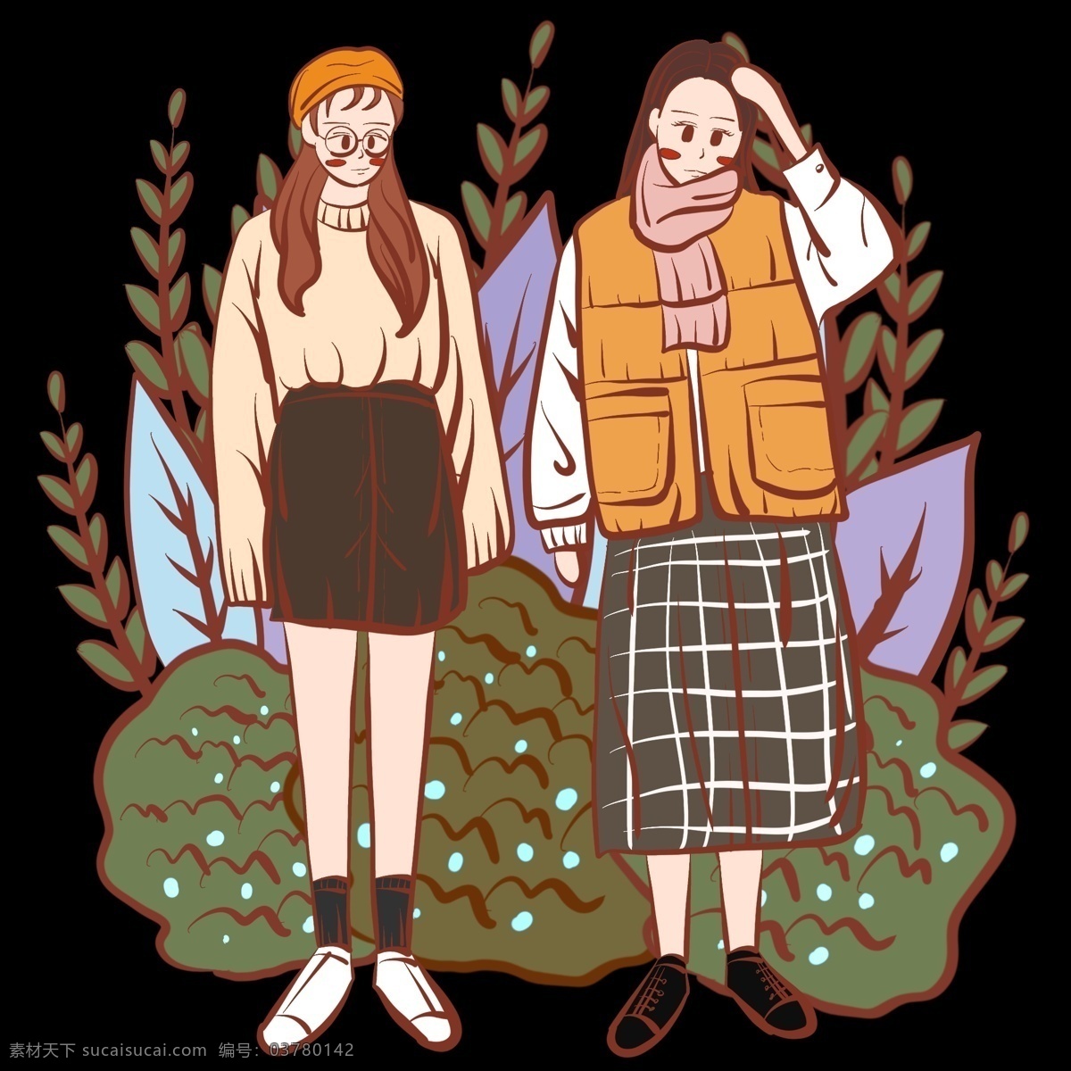 小清 新文 艺风 手绘 女孩 小 插画 可爱女生 文静少女 美丽少女 可爱 文艺 植物 植被叶片草丛 毛衣 围巾 棉衣马甲 双十 服装 衣 品类 电商 活动 通用 插图 卡通 文静 女生