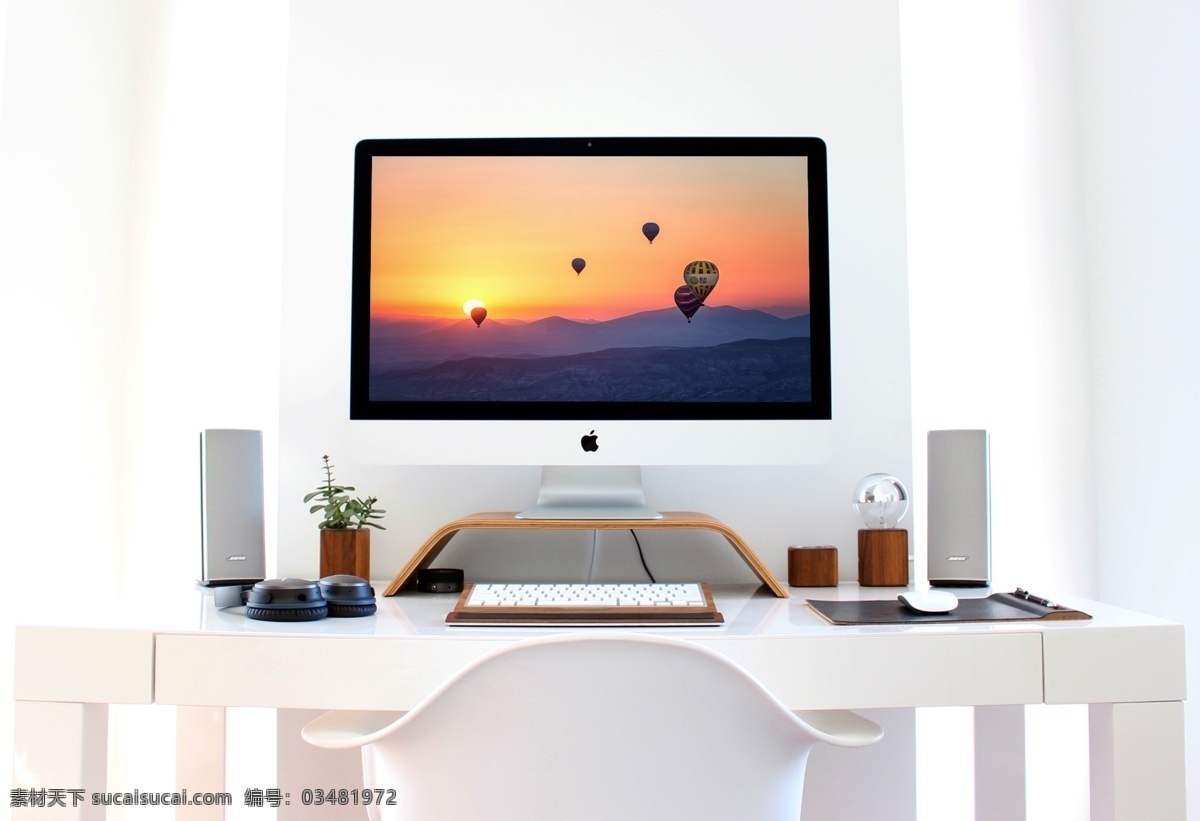 书房 办公 场景 下 苹果 imac 台式电脑 样机 机 白色 电脑 电子产品 电子设备 干净 机样 家 空间 模型