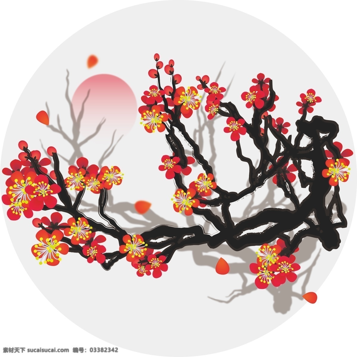 手绘 中国 风 水墨 花卉 植物 花朵 花瓣 日落 元素 中国风 红梅 树枝
