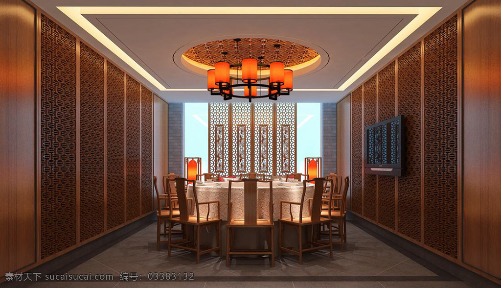 新 中式 风格 餐饮 商业空间 包厢 效果图 新中式风格 室内设计 包厢效果图 桌子 椅子 吊灯 门 装饰画 中国红