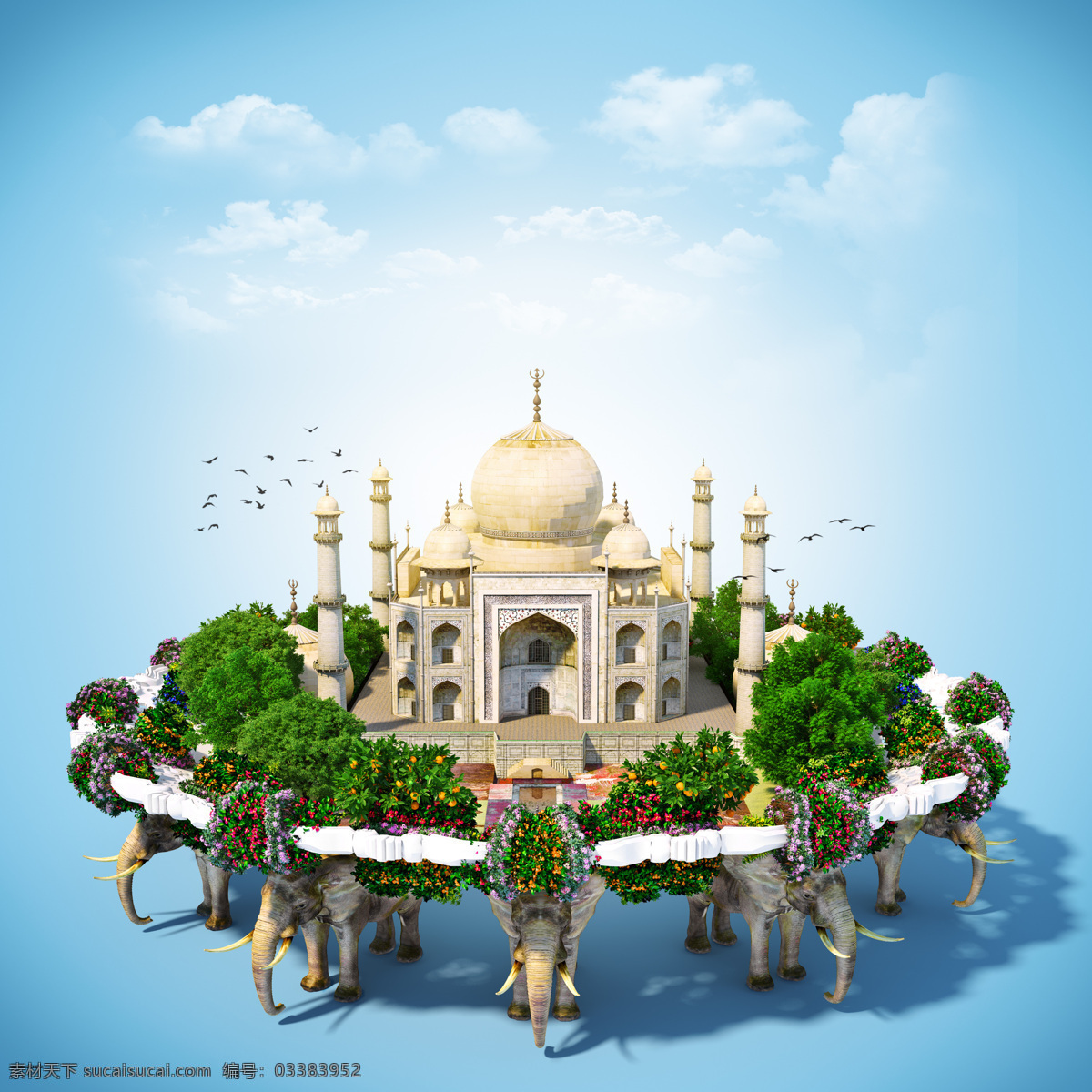 大象与泰姬陵 大象 泰姬陵 建筑风景 印度旅游景点 旅游海报 其他风光 其他类别 生活百科 青色 天蓝色