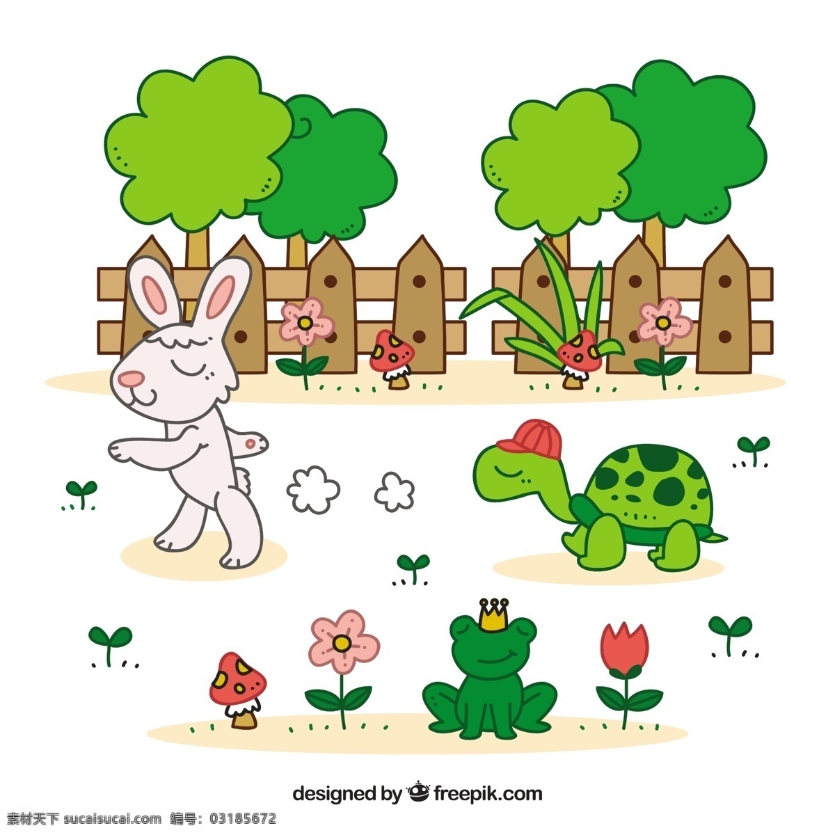 龟兔寓言 花卉 树木 儿童 绿色 皇冠 自然 人物 卡通 动物 平面 创意 兔子 平面设计 童话 卡通人物 创造力