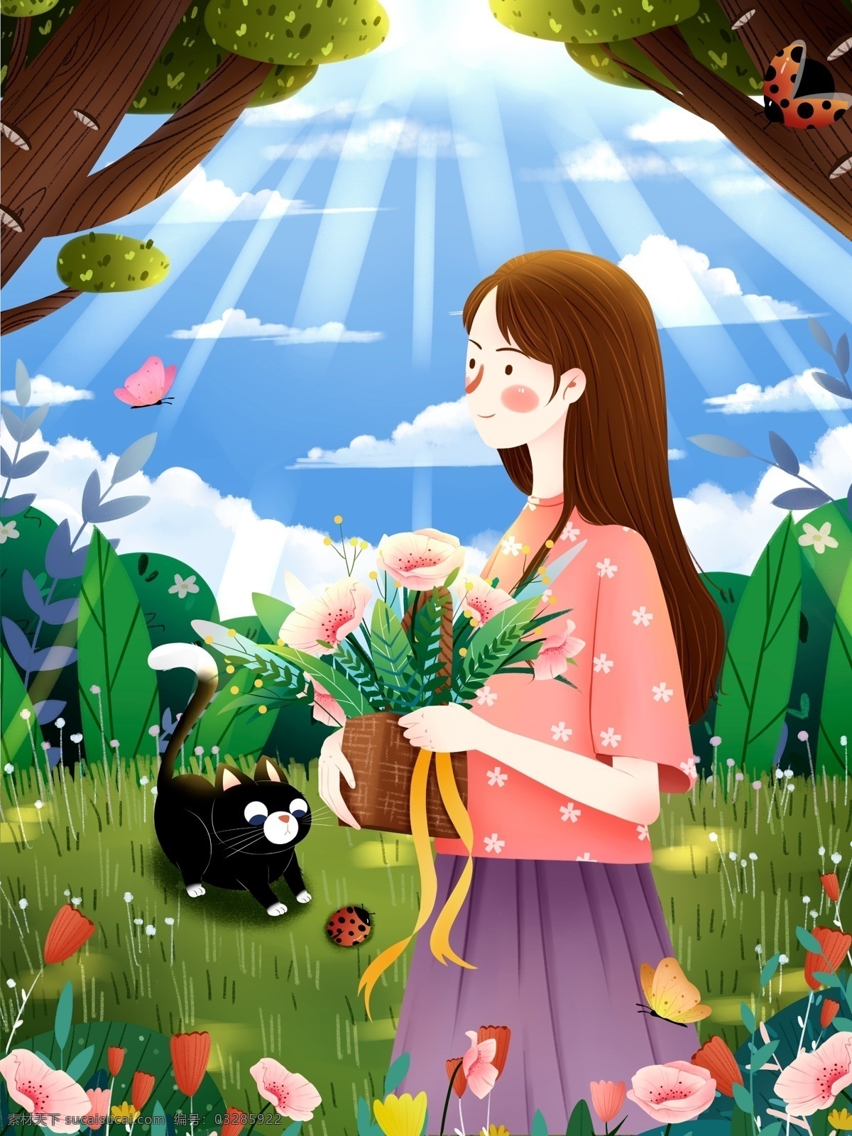 你好 春天 卡通 猫咪 人物 插画 背景 小清新 原创 唯美 女孩