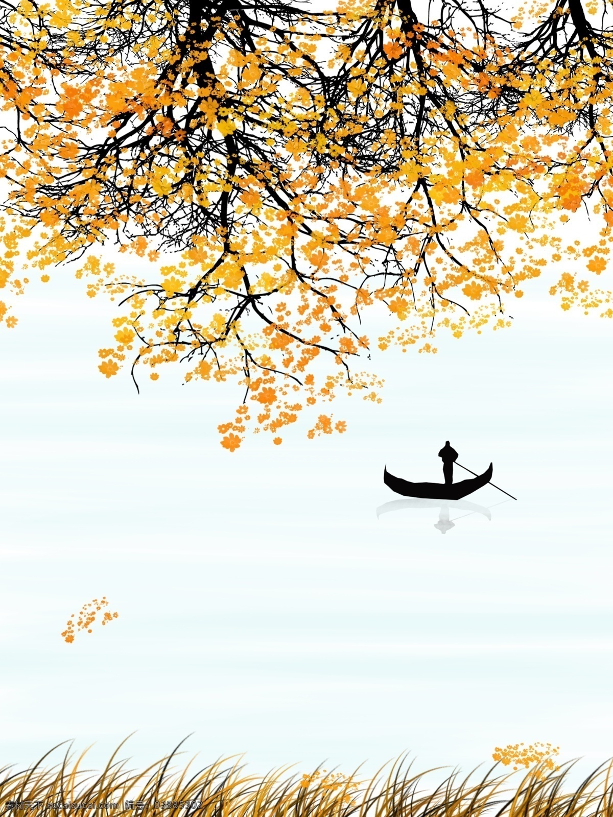 原创 手绘 水彩 中式 黄梅 湖泊 装饰画 手绘水彩 渔夫 一联画 客厅装饰画