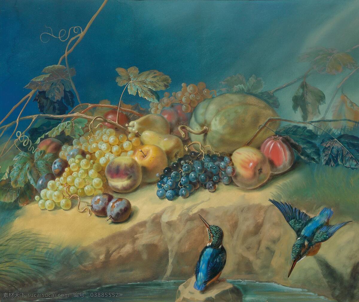 静物水果 峰鸟 葡萄 桃子 梨子 苹果 19世纪油画 油画 文化艺术 绘画书法