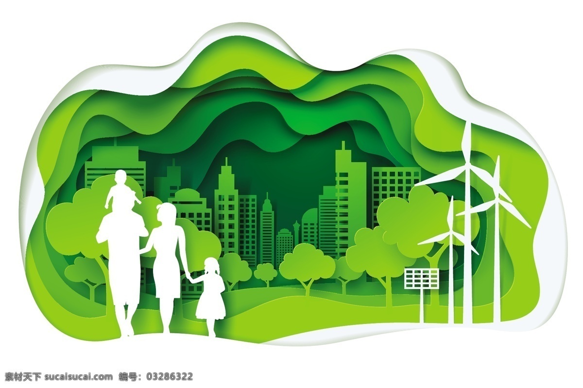 绿色生态城市 绿色 生态城市 家庭剪影 男子 女子 孩子 建筑 树木 发电风车 生态学 家庭 人物 城市 剪影 矢量图 eps格式