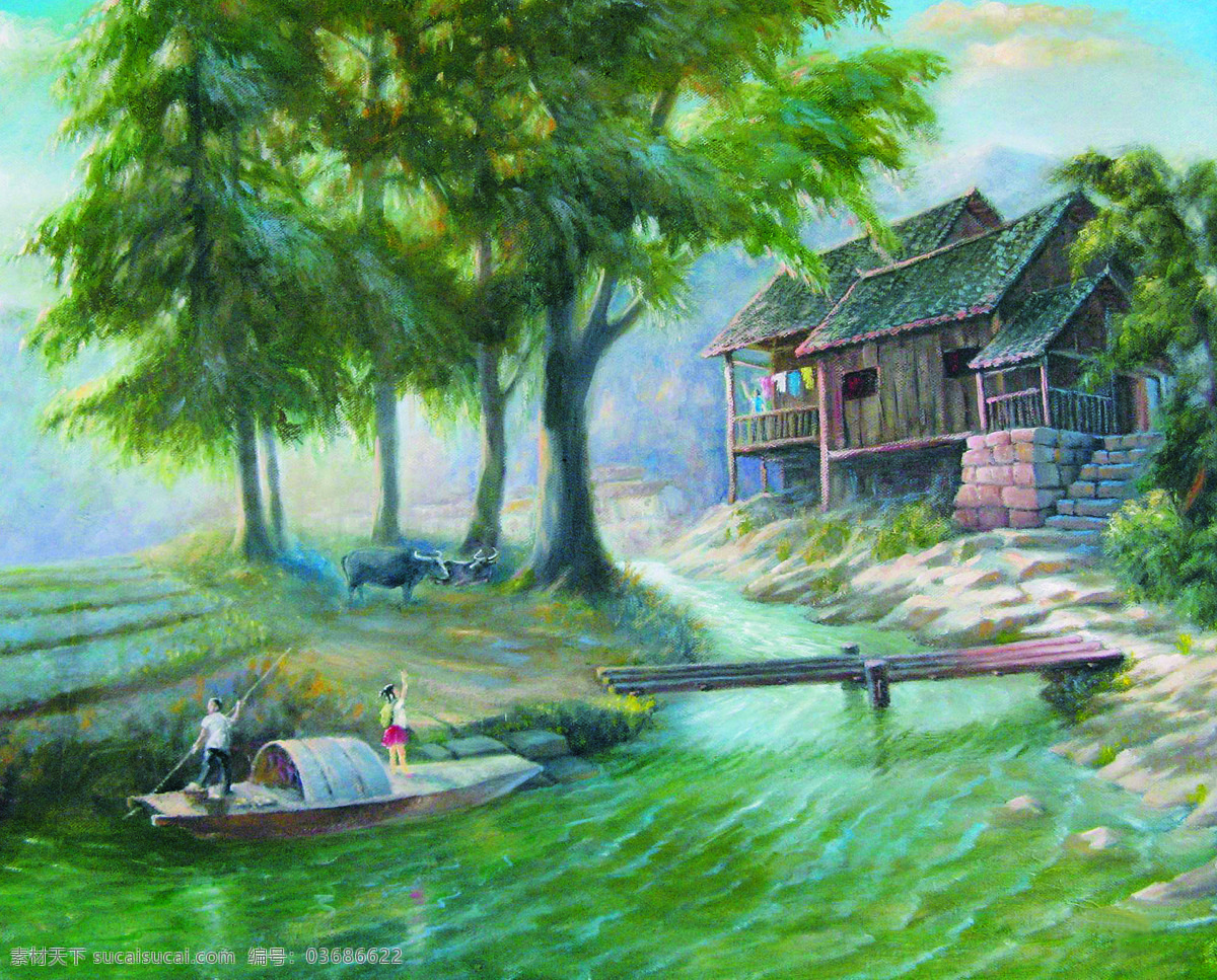 江南吊脚屋 美术 油画 风景 乡村 溪流 房屋 树木 木桥 船只 水牛 菜地 油画艺术 油画作品58 绘画书法 文化艺术