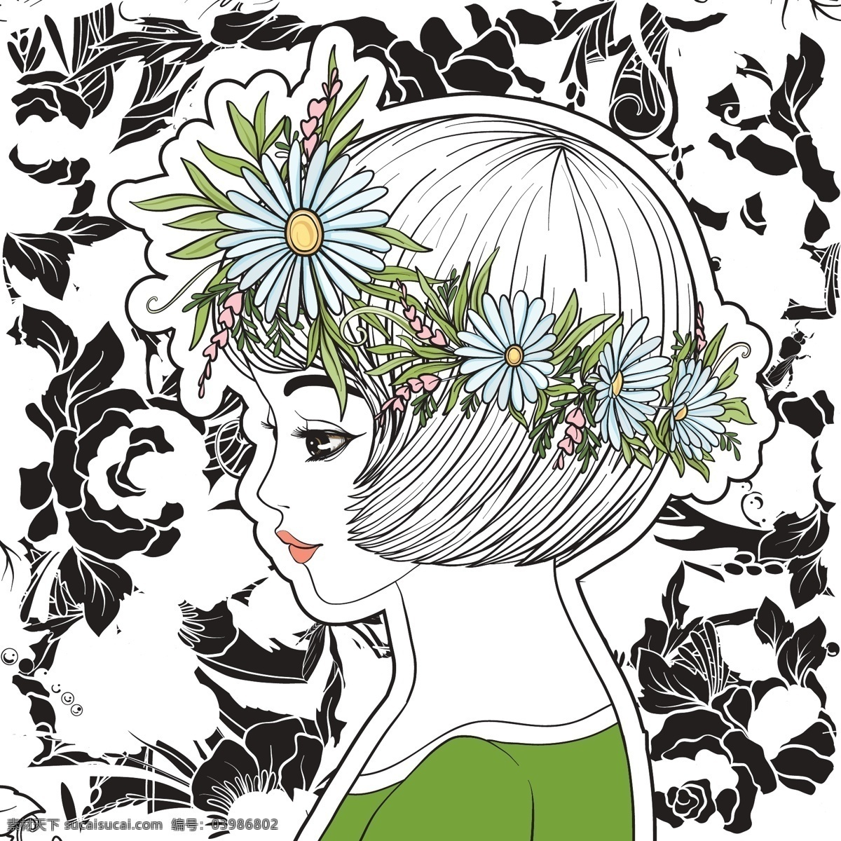 可爱 花环 少女 插画 人物 繁花 线条 卡通