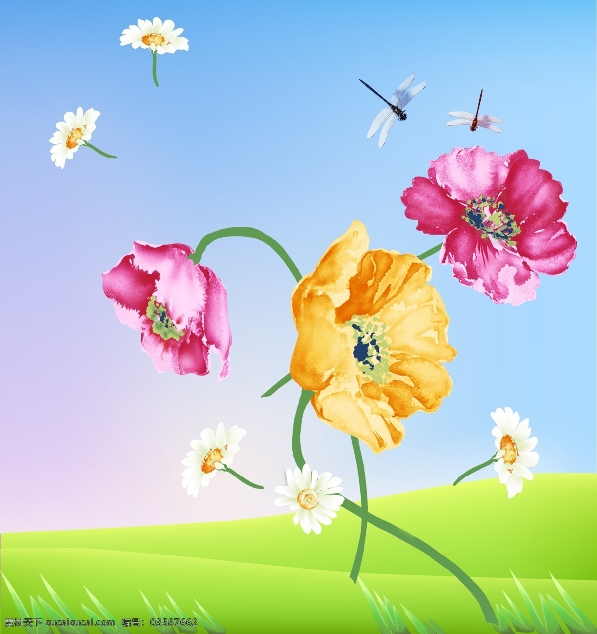 白色小花 玻璃图案 广告设计模板 红花 黄花 菊花 蓝天 绿草 漫天飞舞 绿地 蒲公英 蜻蜓 移门图案 强化玻璃图案 移门衣柜图案 源文件 家居装饰素材