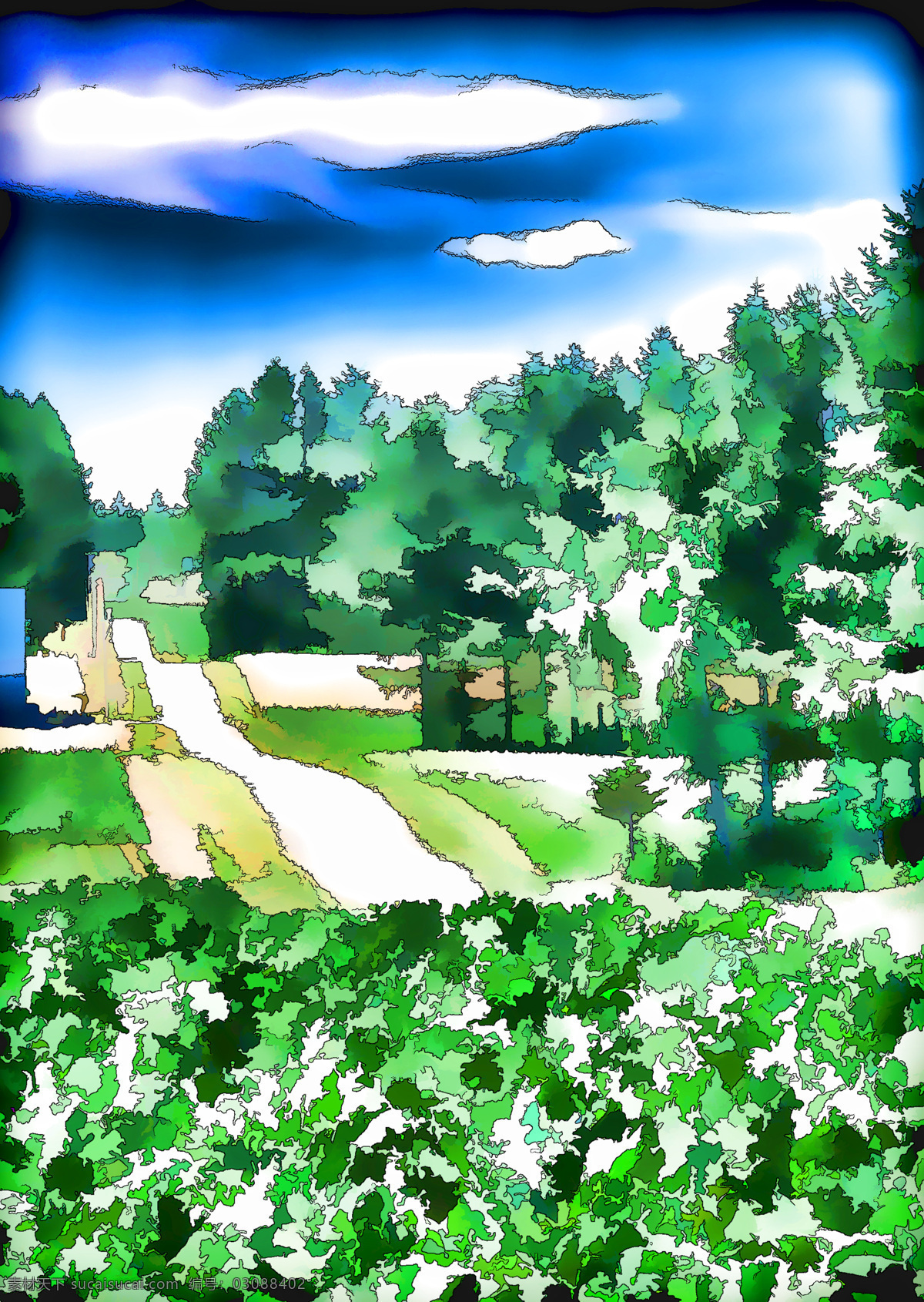 自然风光 水彩画 道路 蓝天白云 树林 田野 文化艺术 家居装饰素材 室内装饰用图