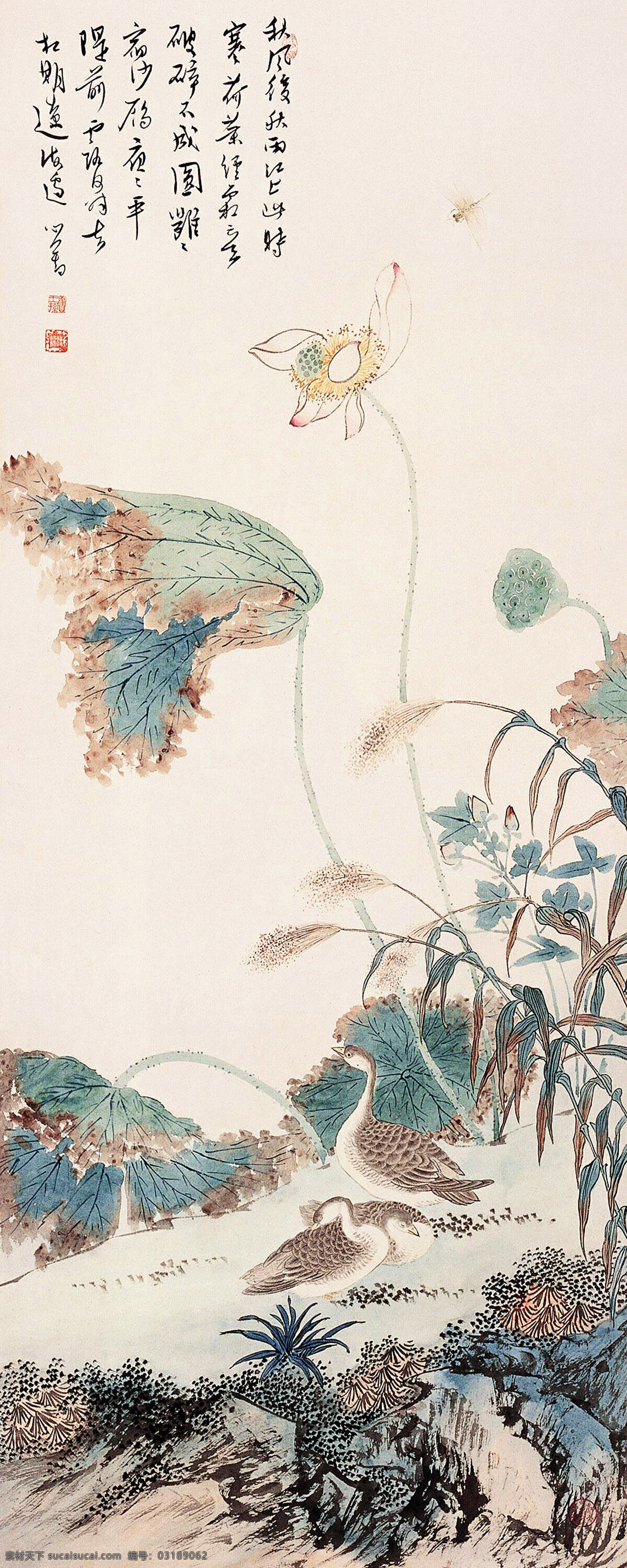 秋荷图 美术 绘画 中国画 工笔重彩画 彩墨画 花鸟画 荷林 莲台 莲子 鹅 水草 石头 水潭 书法 印章 国画艺术 国画集19 绘画书法 文化艺术