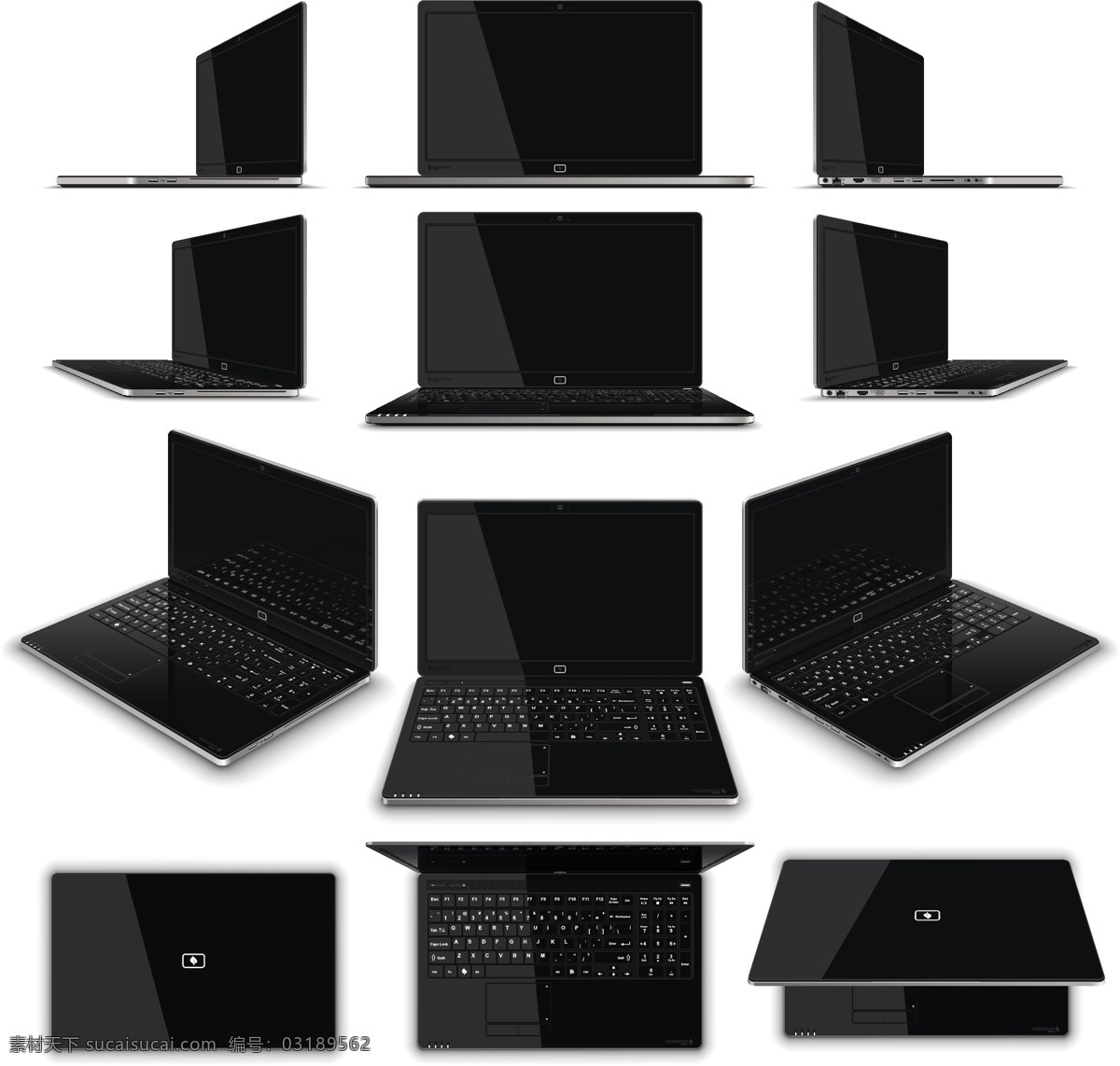 笔记本 电脑 各个 角度 矢量 真实 笔记本电脑 黑色笔记本 侧面电脑 侧面笔记本 酷黑笔记本 白色