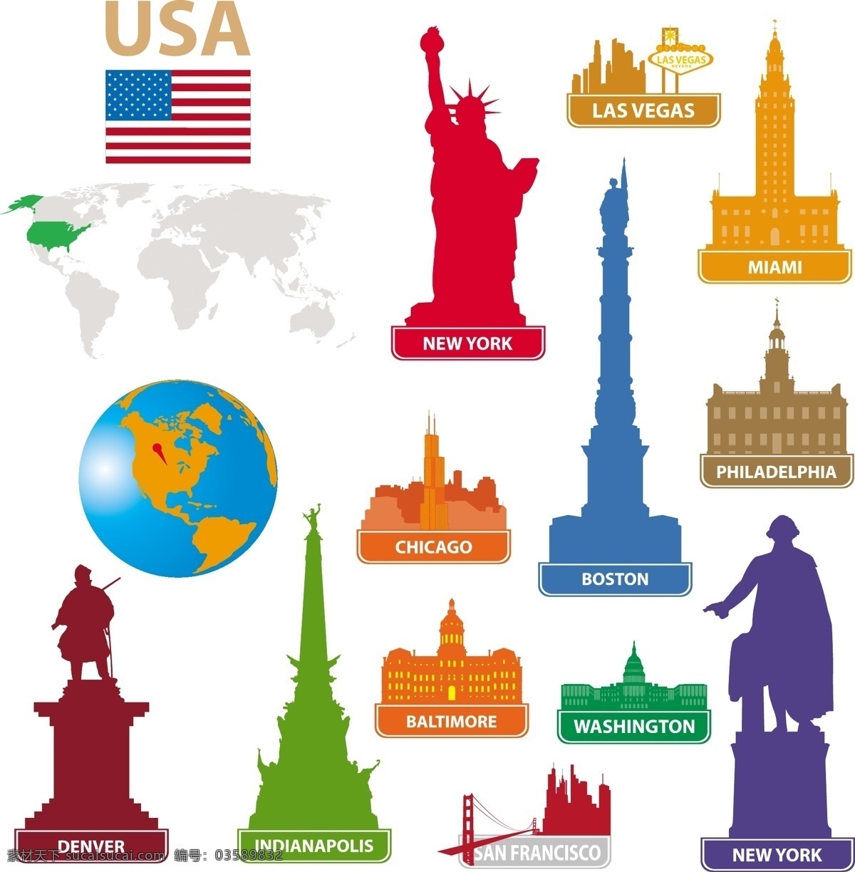 国家 地标 建筑 剪影 矢量 usa 白宫 城市 地标建筑 美国 纽约 矢量素材 塔 自由女神像 五角大楼 miami 金门桥 西雅图 space needle 联合国大厦 我是叔 矢量图 其他矢量图