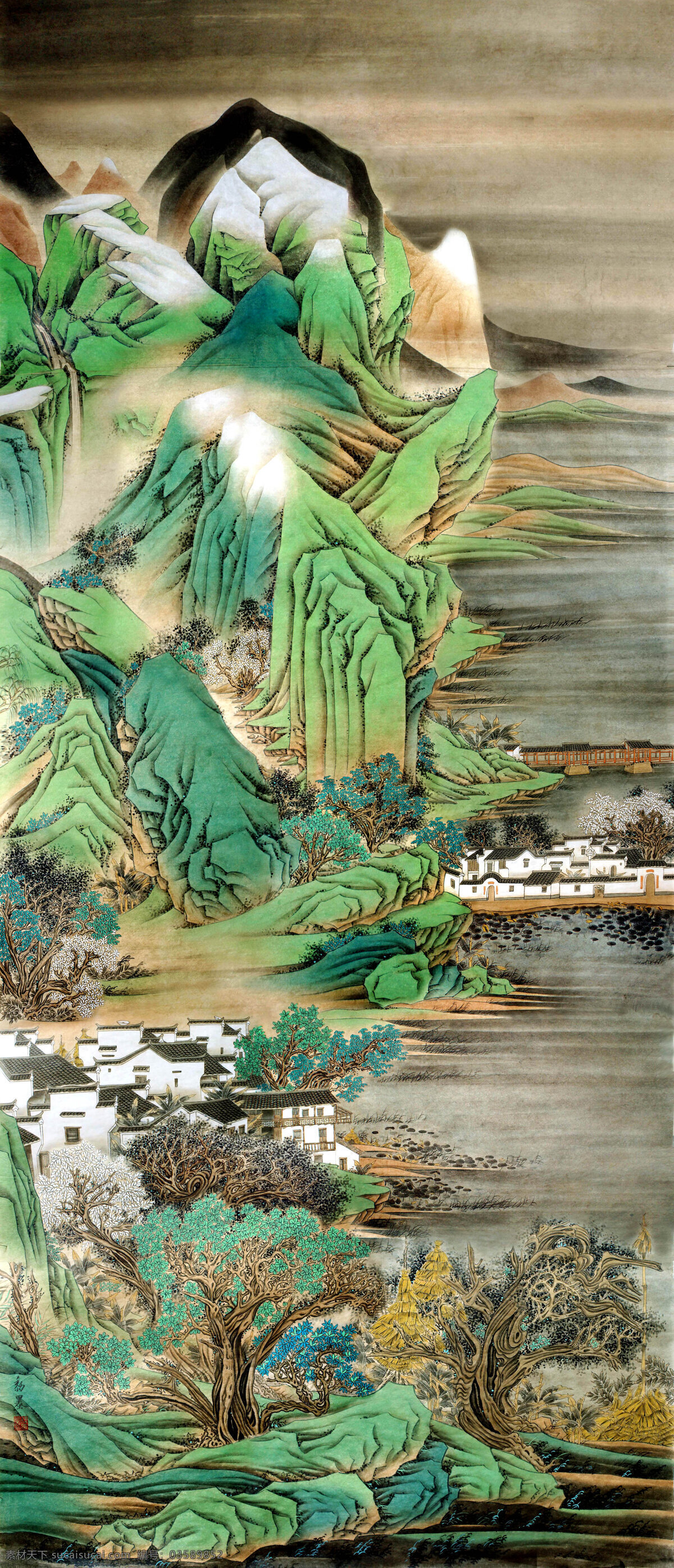 彩墨画 村庄 房屋 国画艺术 花木 绘画书法 美术 山峰 桃源新居图 中国画 山水画 山野 山岭 树木 江流 云雾 书法 印章 国画集42 文化艺术 家居装饰素材 雕刻 图案