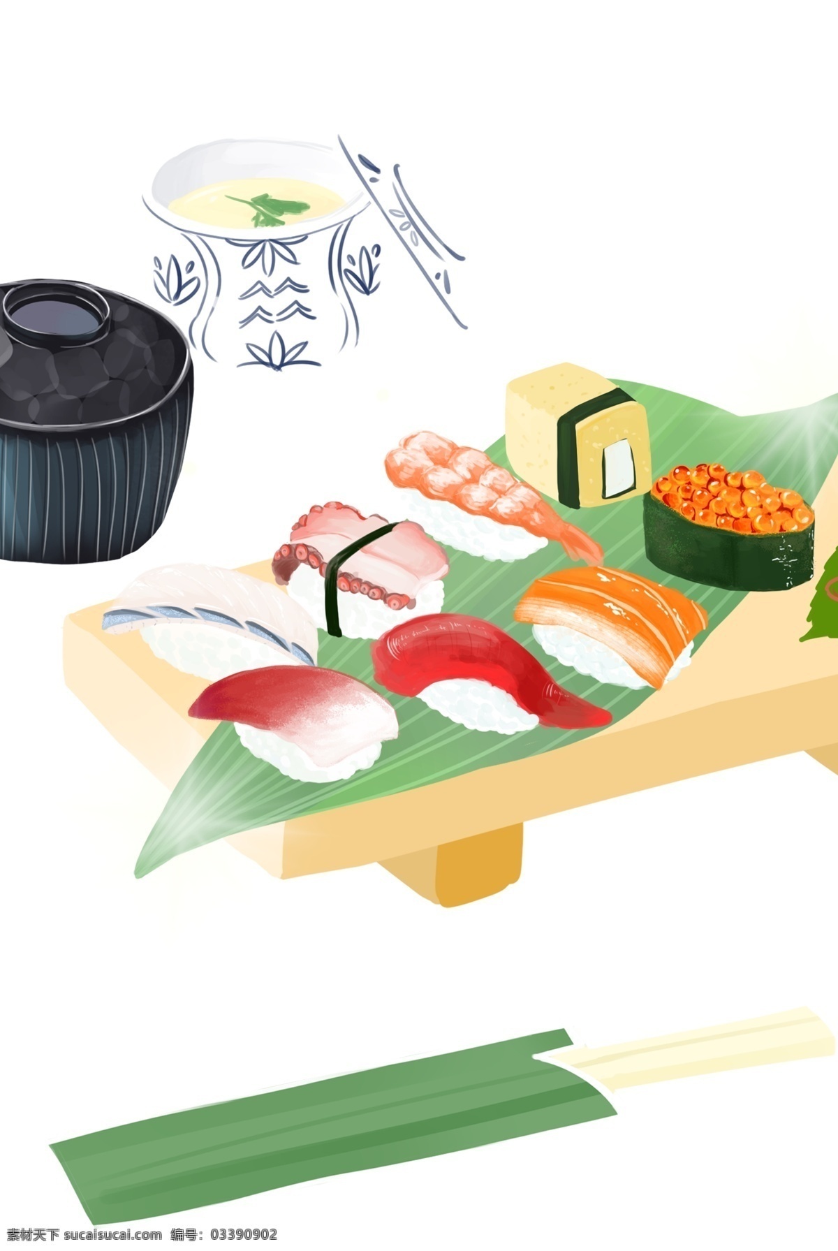 高级 手绘 寿司 装饰 元素 木板 食物 叶子 筷子 装饰元素 美食元素 陶瓷餐具