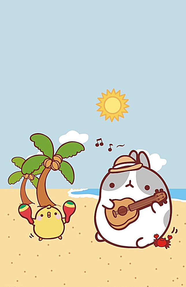 molang 韩国 卡通 可爱 兔子 棉花糖 夏天 海滩 吉他 音乐 椰树 矢量动漫 动漫动画 黄色