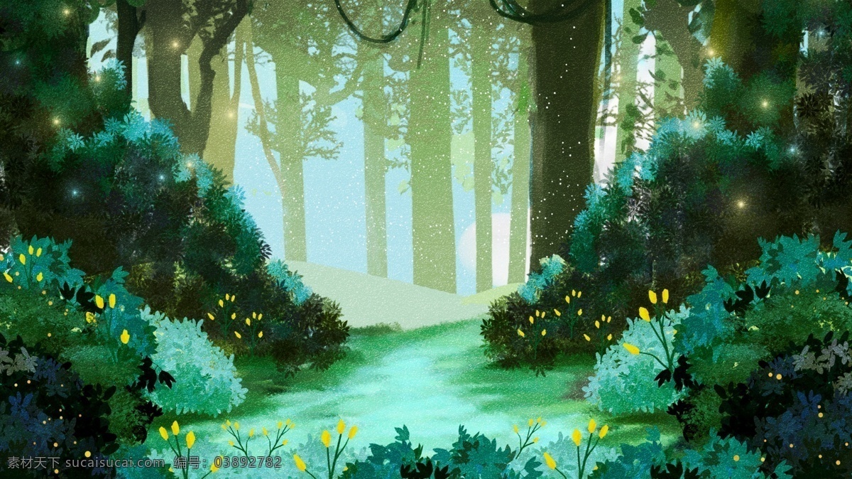 唯美 绿色 树林 风景 插画 背景 森系背景 治愈系背景 插画背景 植物背景 树林背景