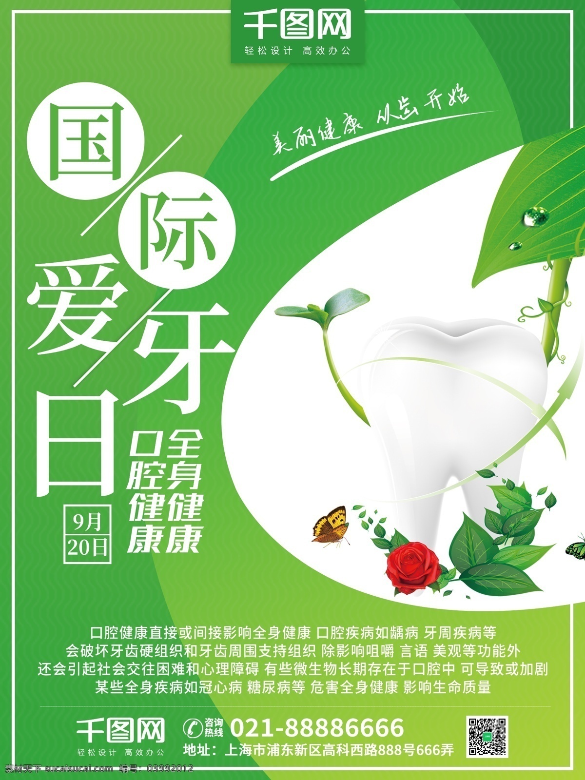 绿色 小 清新 简约 国际 爱 牙 日 节日 海报 小清新 牙齿 口腔 爱牙日 国际爱牙日 口腔健康 9月20日 920