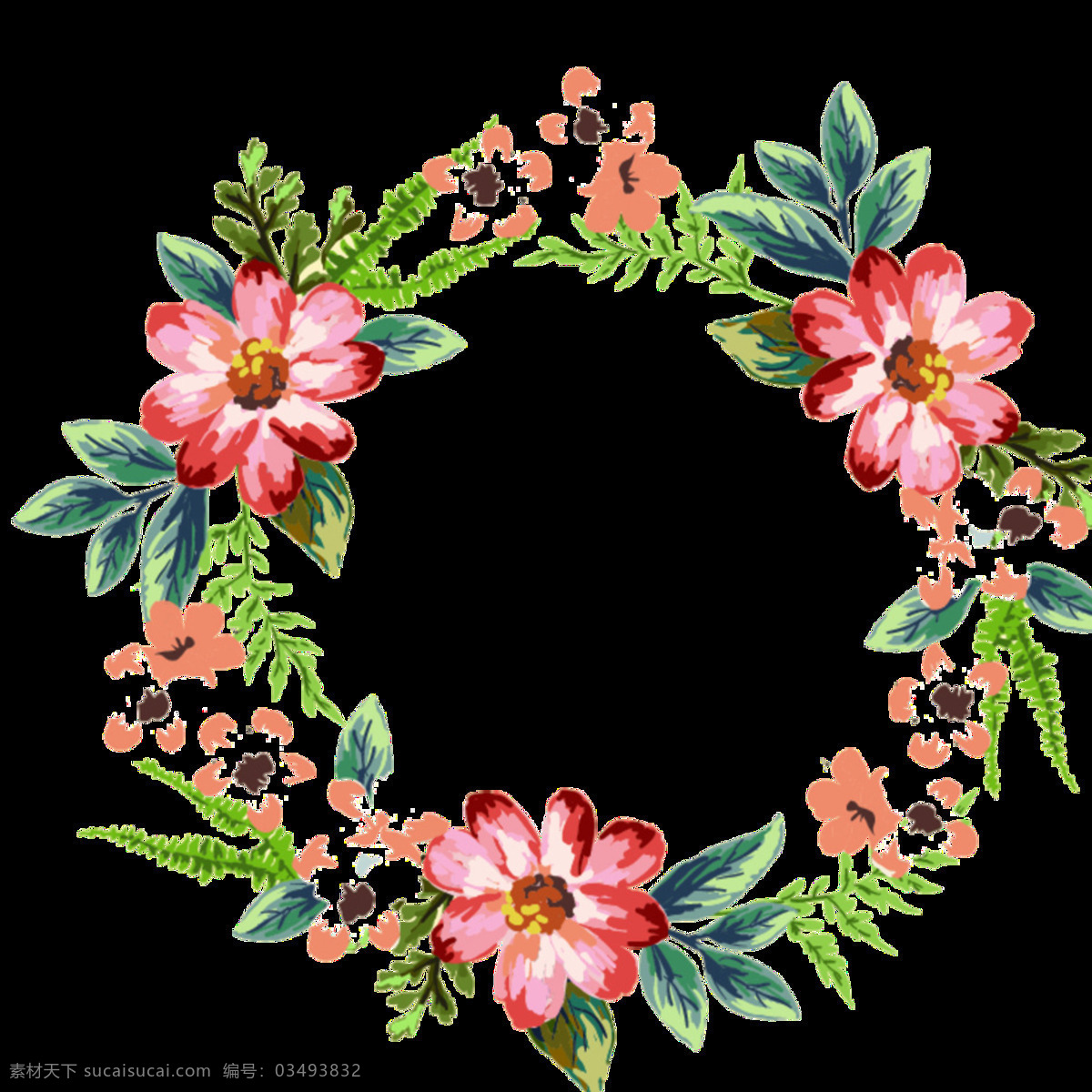 清新 盛开 花朵 手绘 花环 装饰 元素 粉色花朵 树叶 圆形 装饰元素