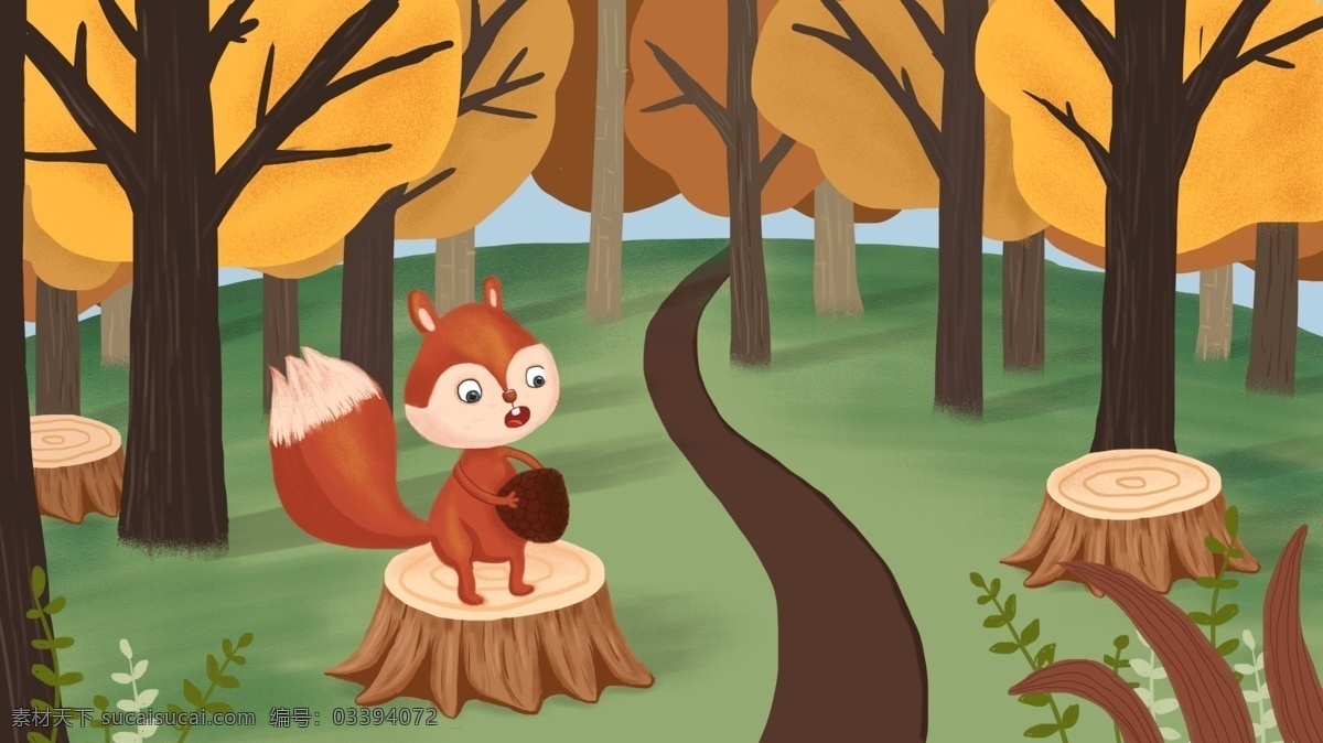 你好 秋天 原创 插画 松鼠 暖色调 插图 可爱插画 秋天的森林 松果 秋色