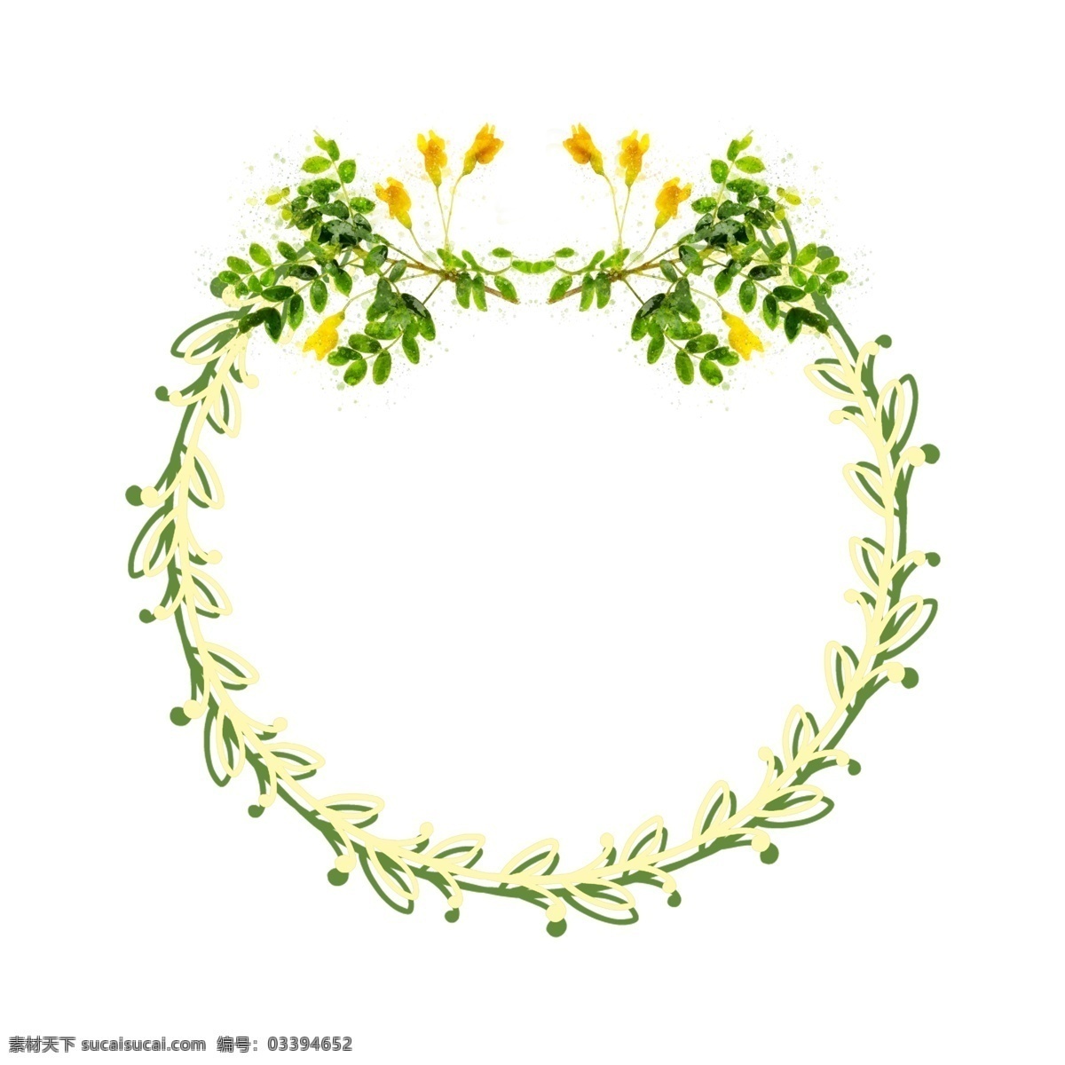 手绘 圆形 植物 花卉 绿色 水彩 边框 元素 原创 圆形边框 花卉边框 手绘边框