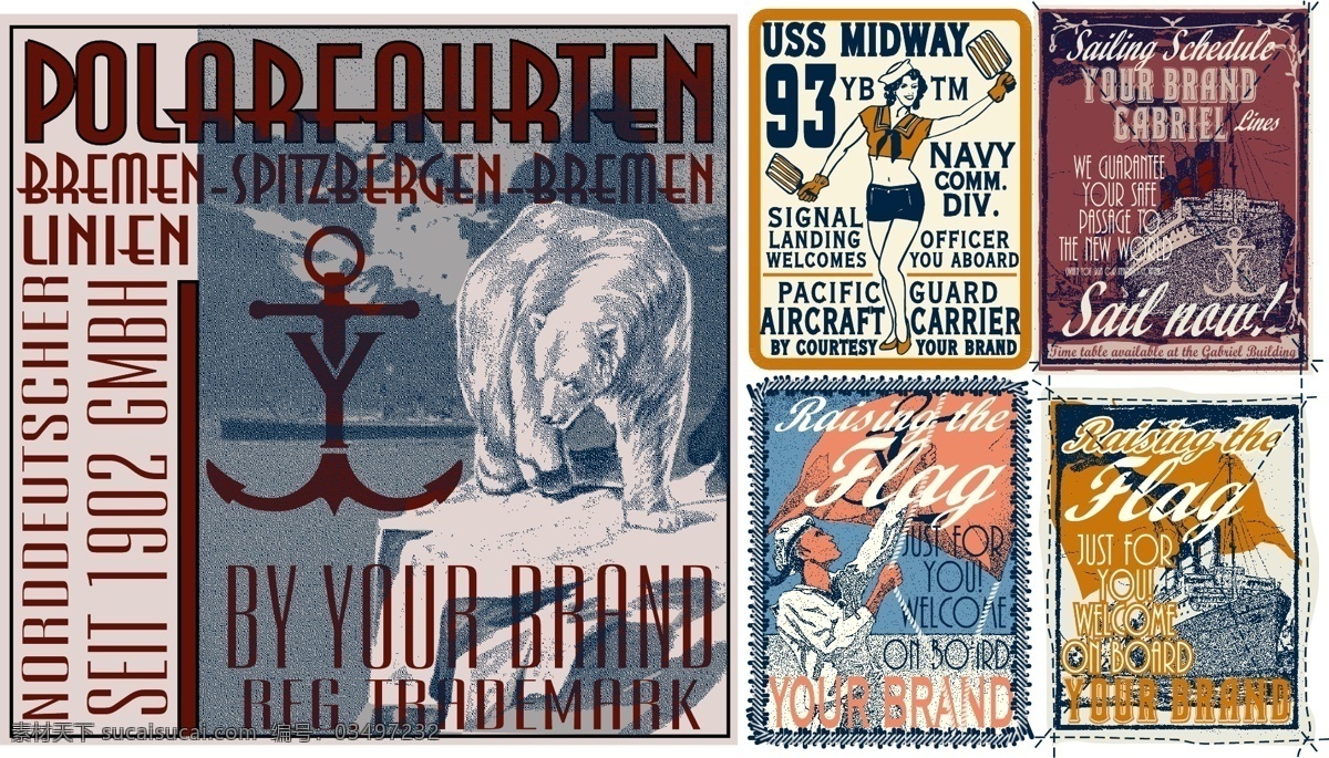 五 款 海洋 风格 海报 怀旧 军旅 舰艇 水手 文化艺术 美术绘画 矢量图库