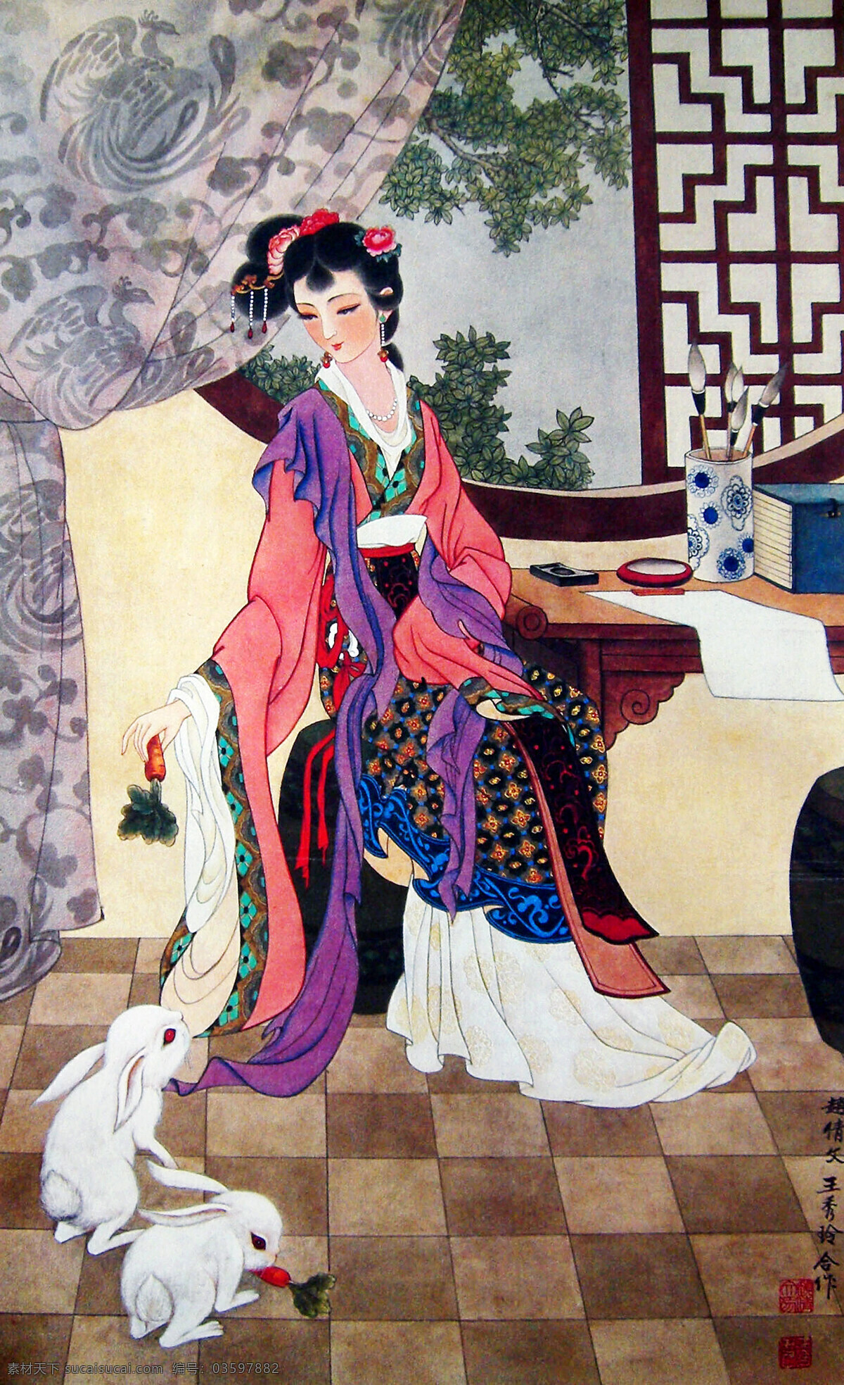 逸兴 绘画 中国画 工笔重彩画 古代人物 仕女 丽人 美人 聪颖 美丽 表情 姿态 服饰 发型 阁楼 室内 白兔 红罗卜 国画艺术 书法 印章 工笔画 集锦 绘画书法 文化艺术