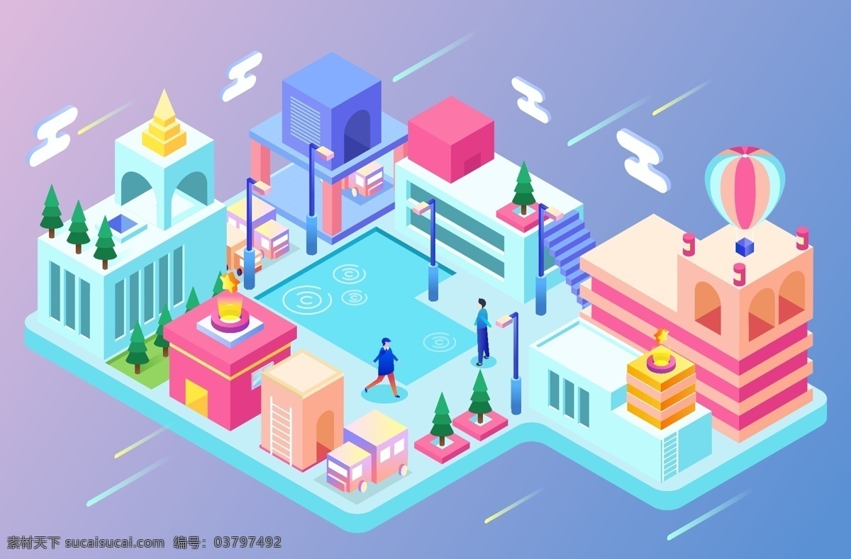 点 5d 渐变 立体 虚拟 城市 建筑 原创 矢量 插画 微立体 半立体 2.5d 高楼 大楼 环境 扁平风