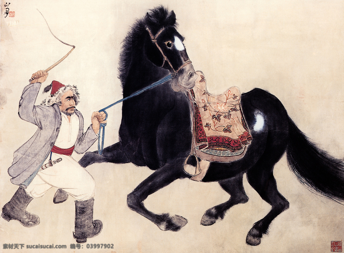 300 工笔画 古代 关山月 国粹 国画 绘画 绘画书法 人物画 关山月鞭马 水墨 现代 岭南画派 胡人 鞭子 驯马 戏剧性 栩栩如生 生动 文化艺术 中国古典艺术 设计图库