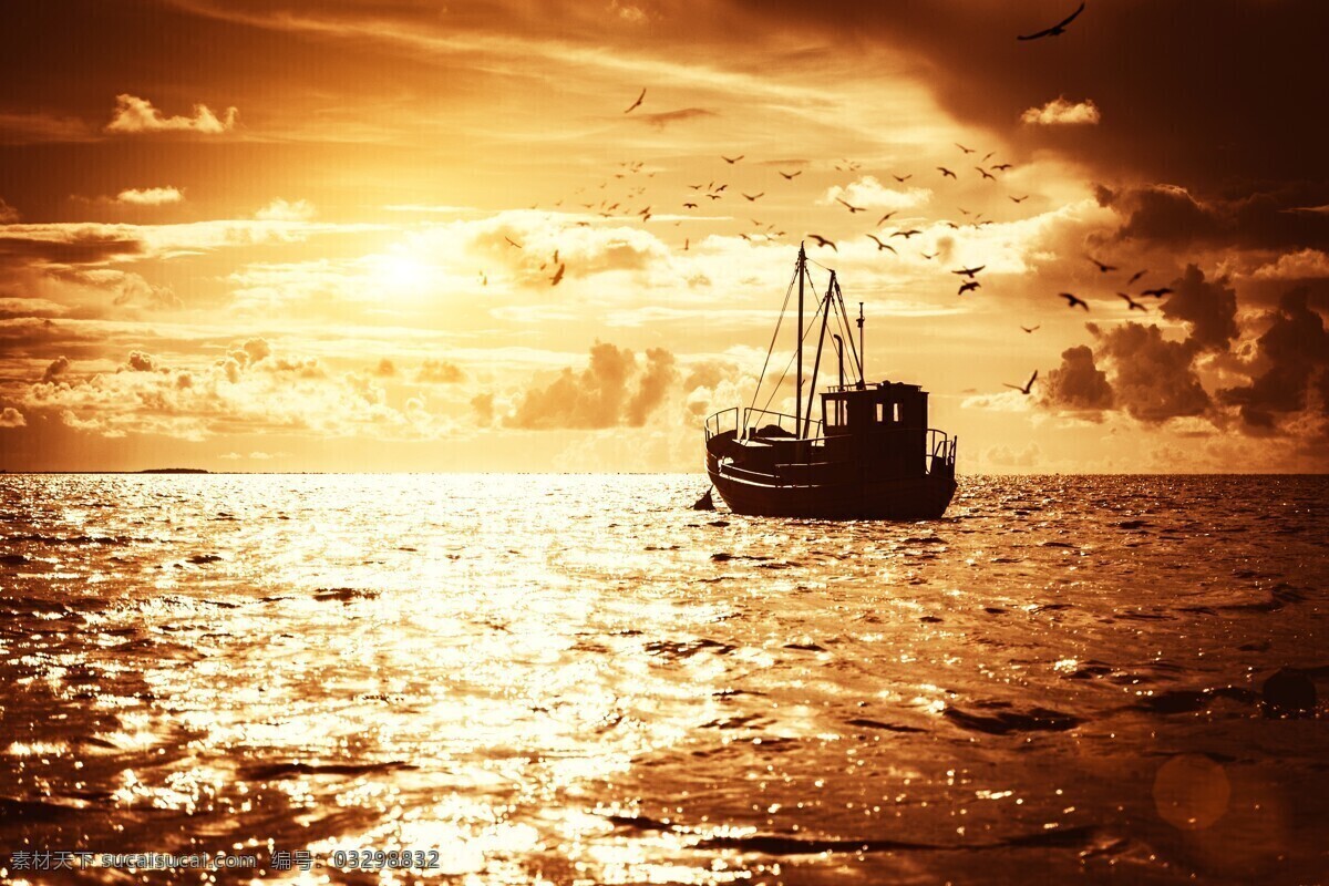 夕阳下的渔船 海上渔船 打渔 大海 海面 天空 云彩 云朵 海燕 海鸥 傍晚 晚霞 黄昏 美景 自然美景 黄色