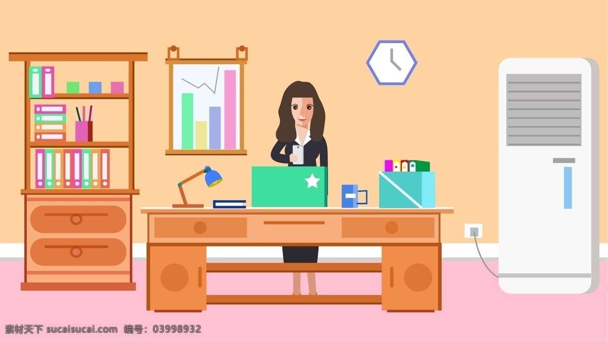 原创 商务办公 扁平 风格 矢量 插画 空调 电脑 钟表 人物 场景 办公桌 书柜 文件夹 矢量插画 扁平风格