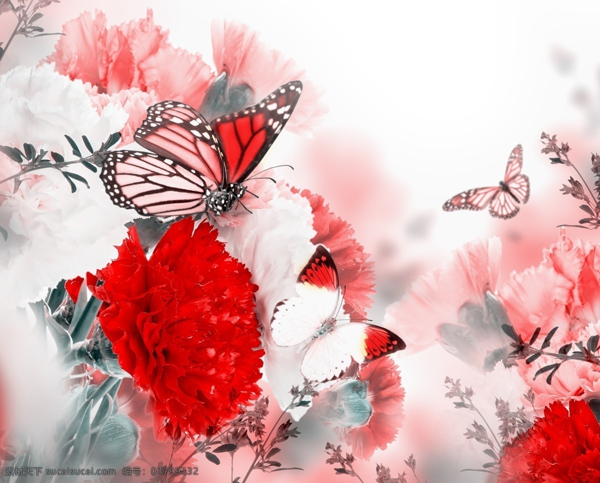 蝴蝶 鲜花 花朵 花蕊 花蕾 花瓣 唯美 梦幻 蝶恋花 采蜜 色彩 背景 壁纸 红色 彩色 花丛 生物世界 昆虫