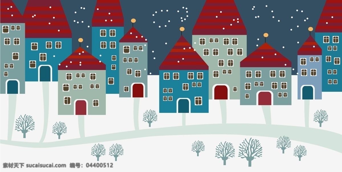 卡通 城市 建筑 插画 冬天 房子 红顶 外观 小镇