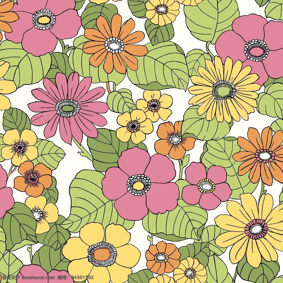 清新 自然 彩色 花朵 壁纸 图案 彩色布纹 彩色花朵 花朵壁纸 绿色树叶 植物壁纸