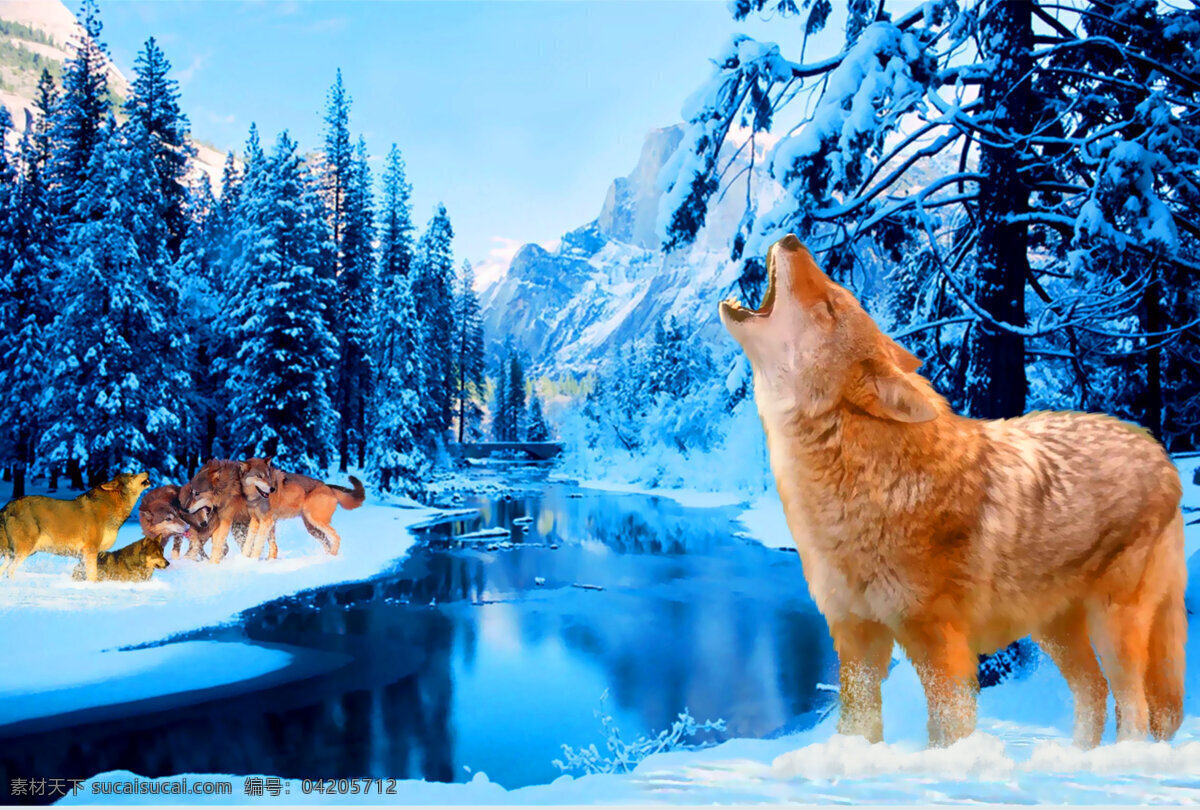 生物世界 狼 狼嚎 狼群 雪地 冰河 树木 森林 雪山 动漫 野生动物
