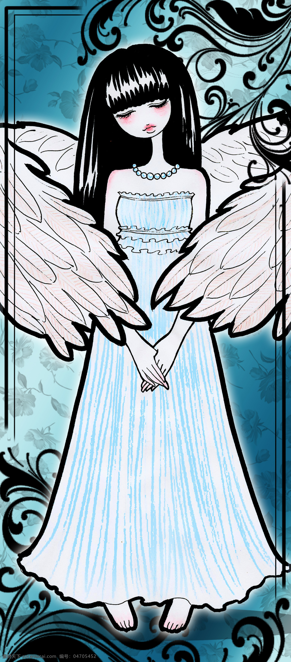背景 翅膀 动漫动画 动漫人物 花纹 卡片 蓝色 漫画 天使 设计素材 模板下载 蓝色天使 女孩 羽毛 唯美