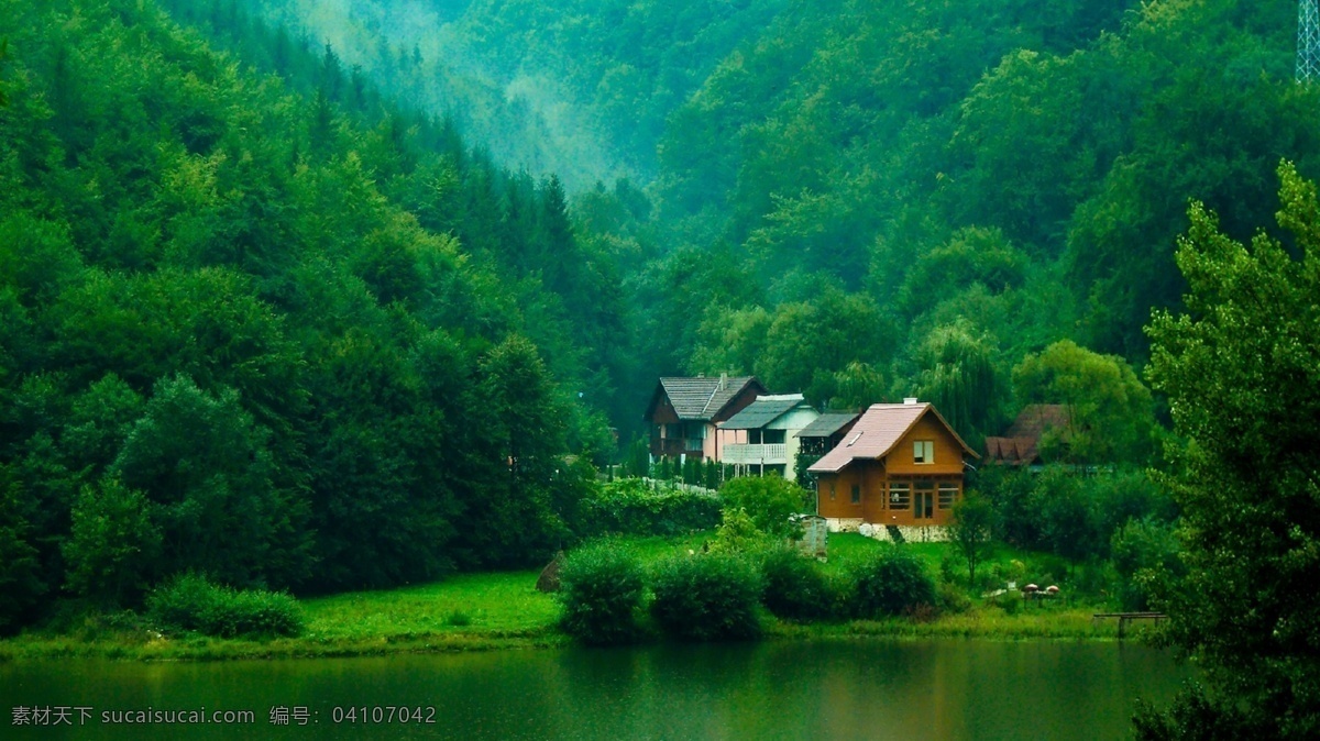 风景画 房子 风景 河 河流 湖 绿树 树 自然 自然风景 自然景观 家居装饰素材 山水风景画