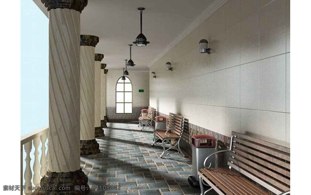 走廊 3dmax 模型 3d模型下载 壁灯 吊 罗马柱 欧式 风格 室内设计 公园椅 灰色